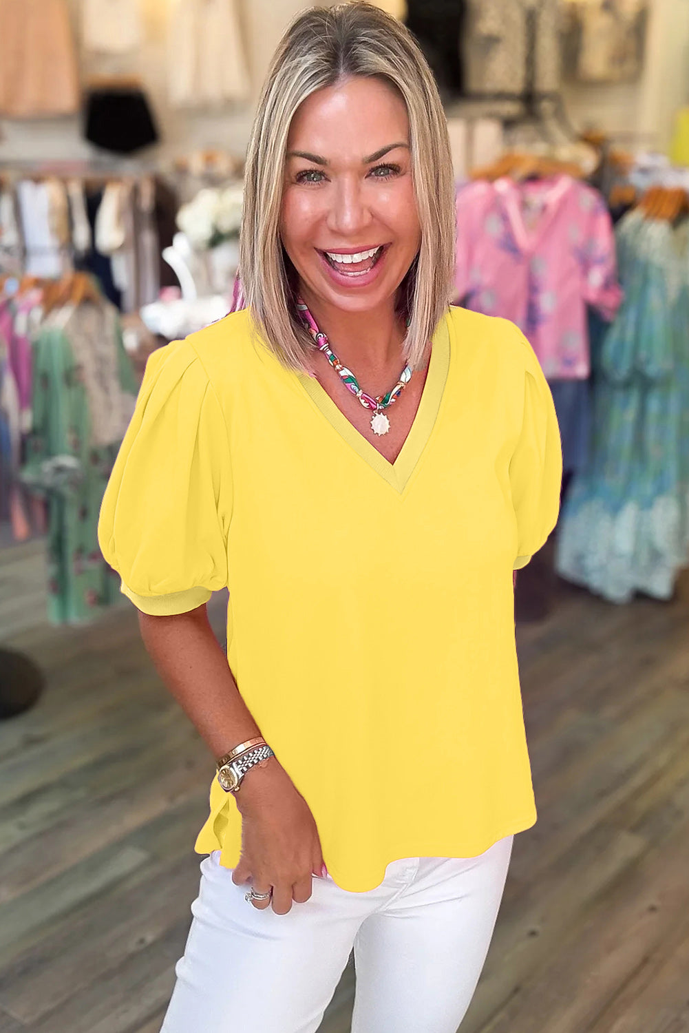 Solid V-Neck Short Puff Sleeve Blouse