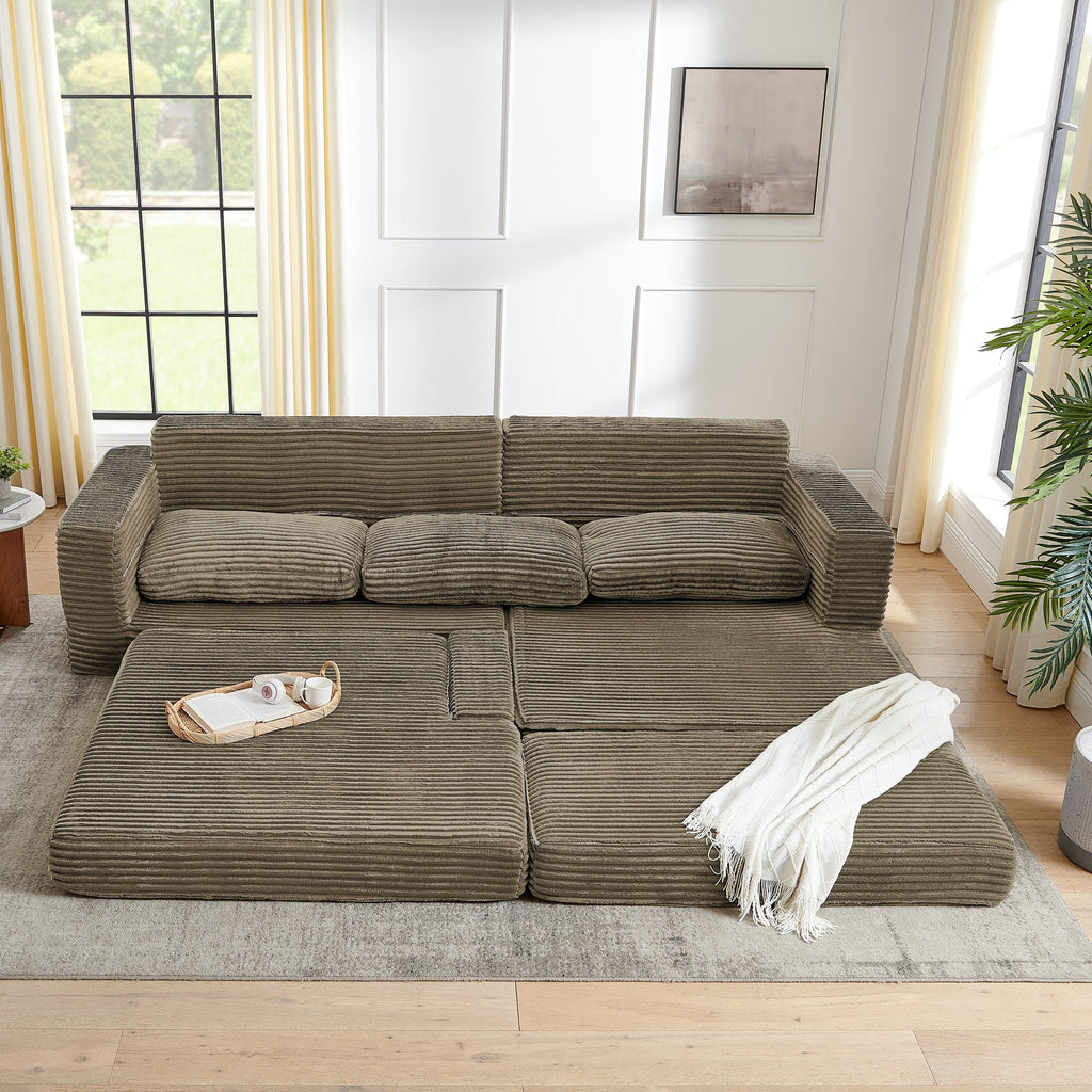 Left sofa seat,L shape Modular Sectional Sofa, Compressed Sectional Sofa Modern Minimalist Style Corduroy Couch,Unfold into a bed, Bedroom, Comfy Compressed Sofa Couch Space-Efficient Design-Brown