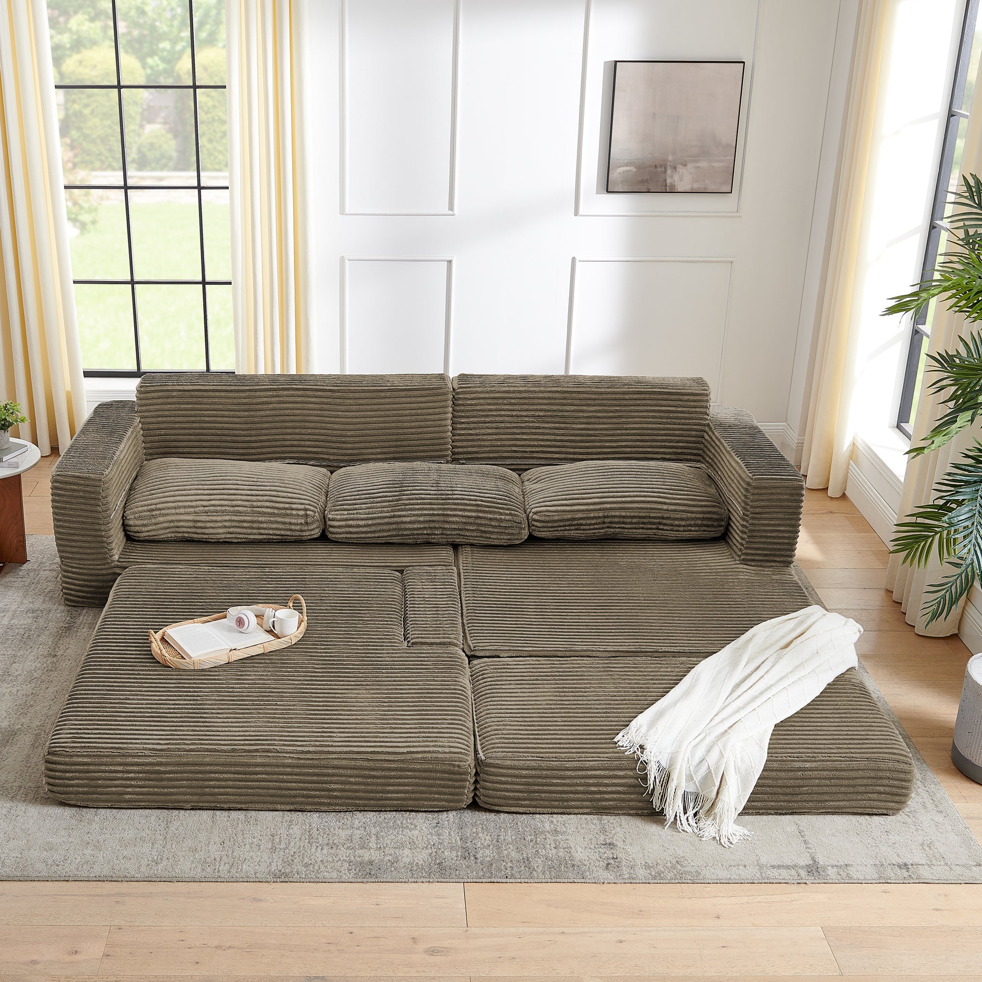Right sofa seat,L shape Modular Sectional Sofa, Compressed Sectional Sofa Modern Minimalist Style Corduroy Couch,Unfold into a bed, Bedroom, Comfy Compressed Sofa Couch Space-Efficient Design-Brown