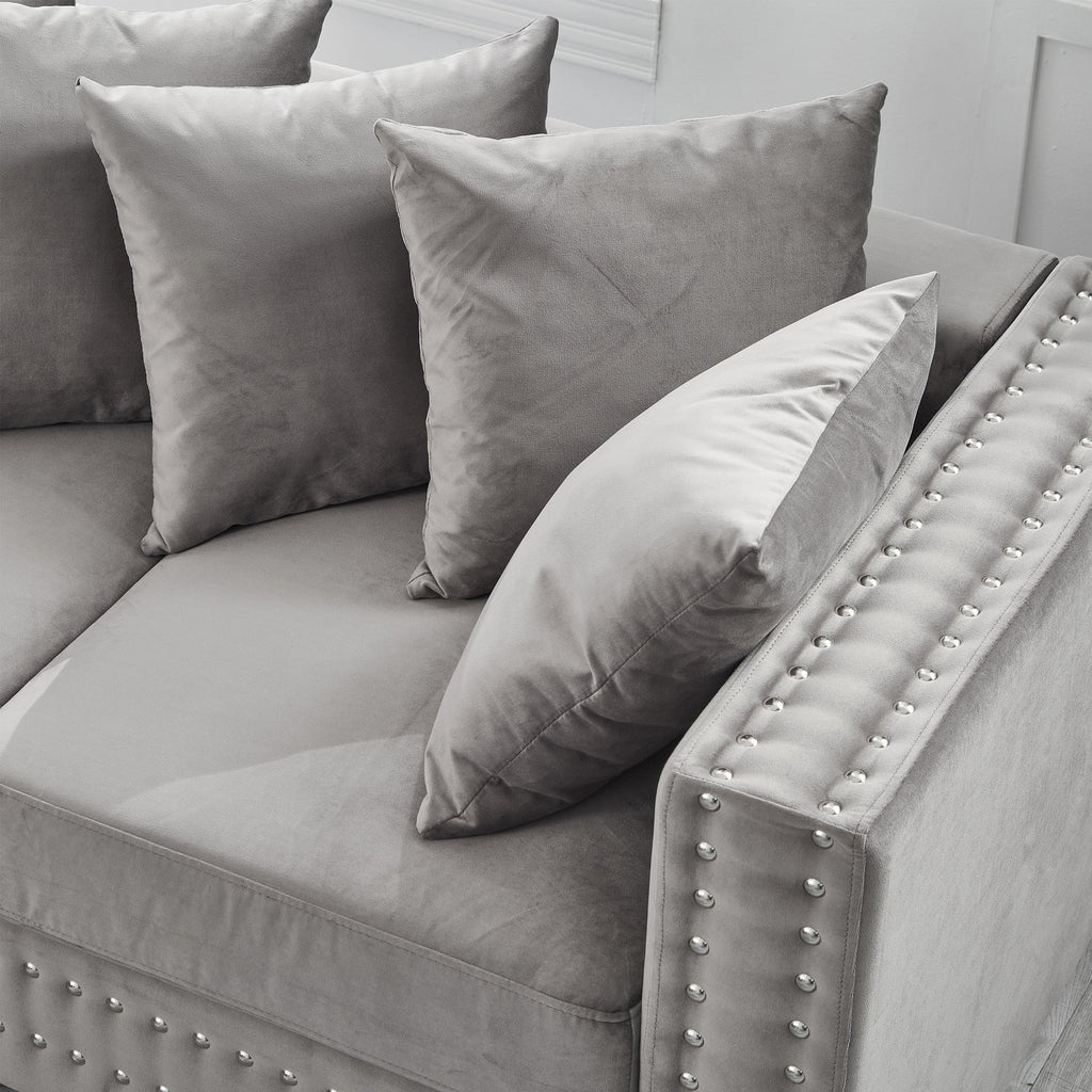Modern Design Living Room Sofa 2+3 Seater Square armrest with Silver Nails Decoration Upholstered Velvet Couch Grey