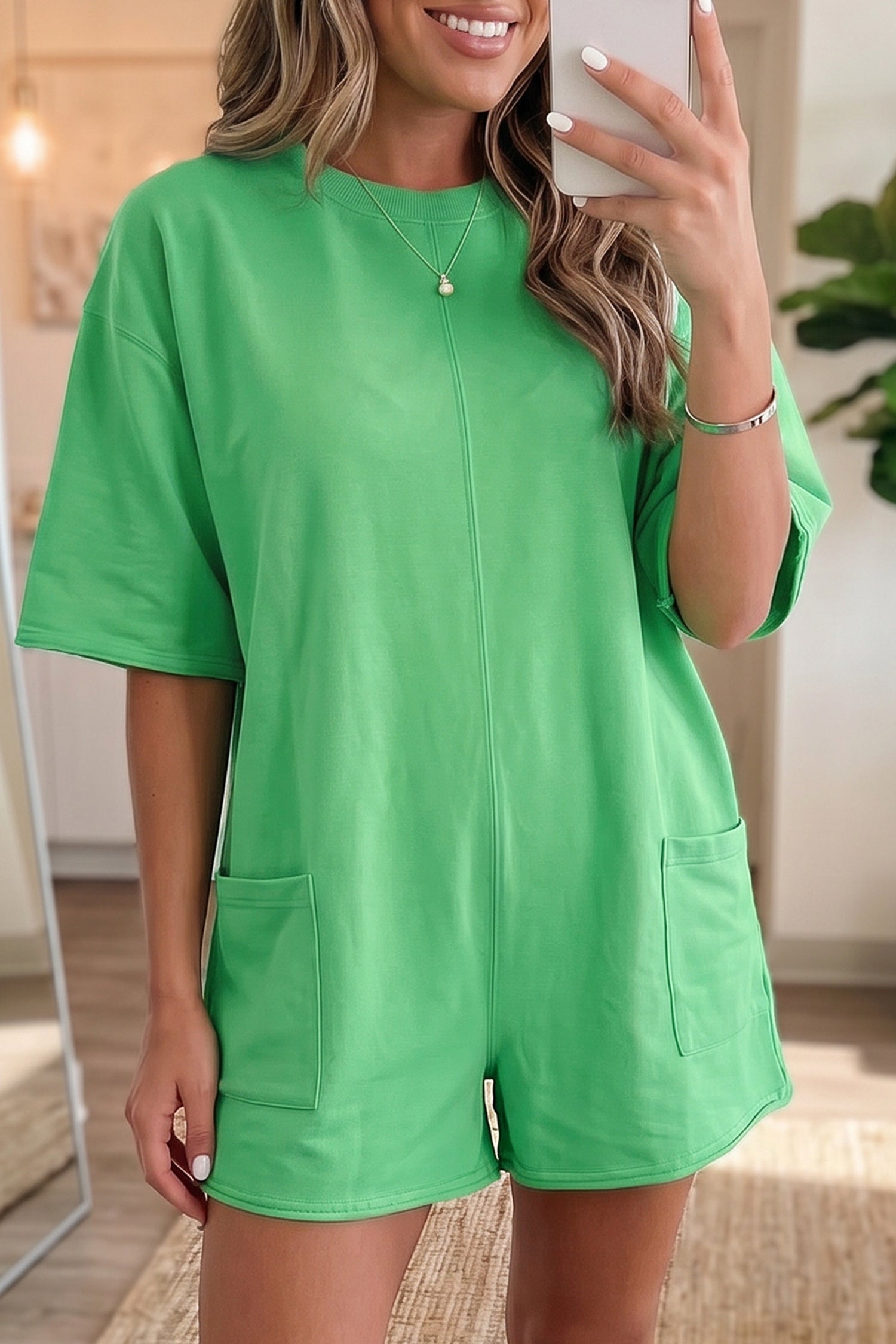 Solid Raw Edge 3/4 Sleeve Pocketed Loose Romper