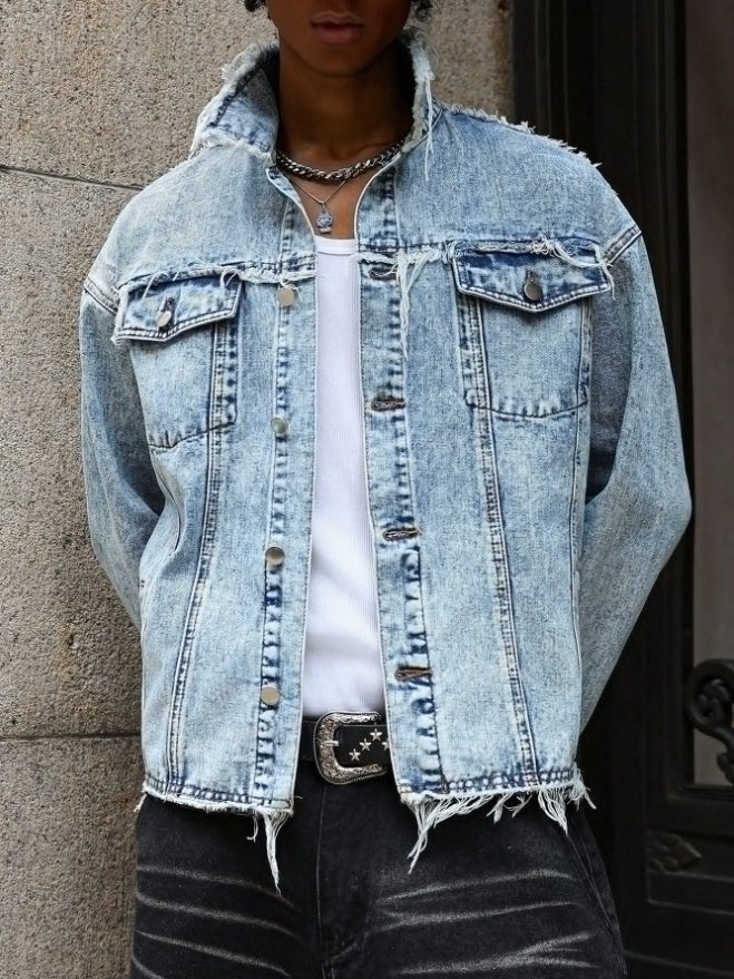 Men's Raw Hem Light Wash Oversized Denim Jean Jacket