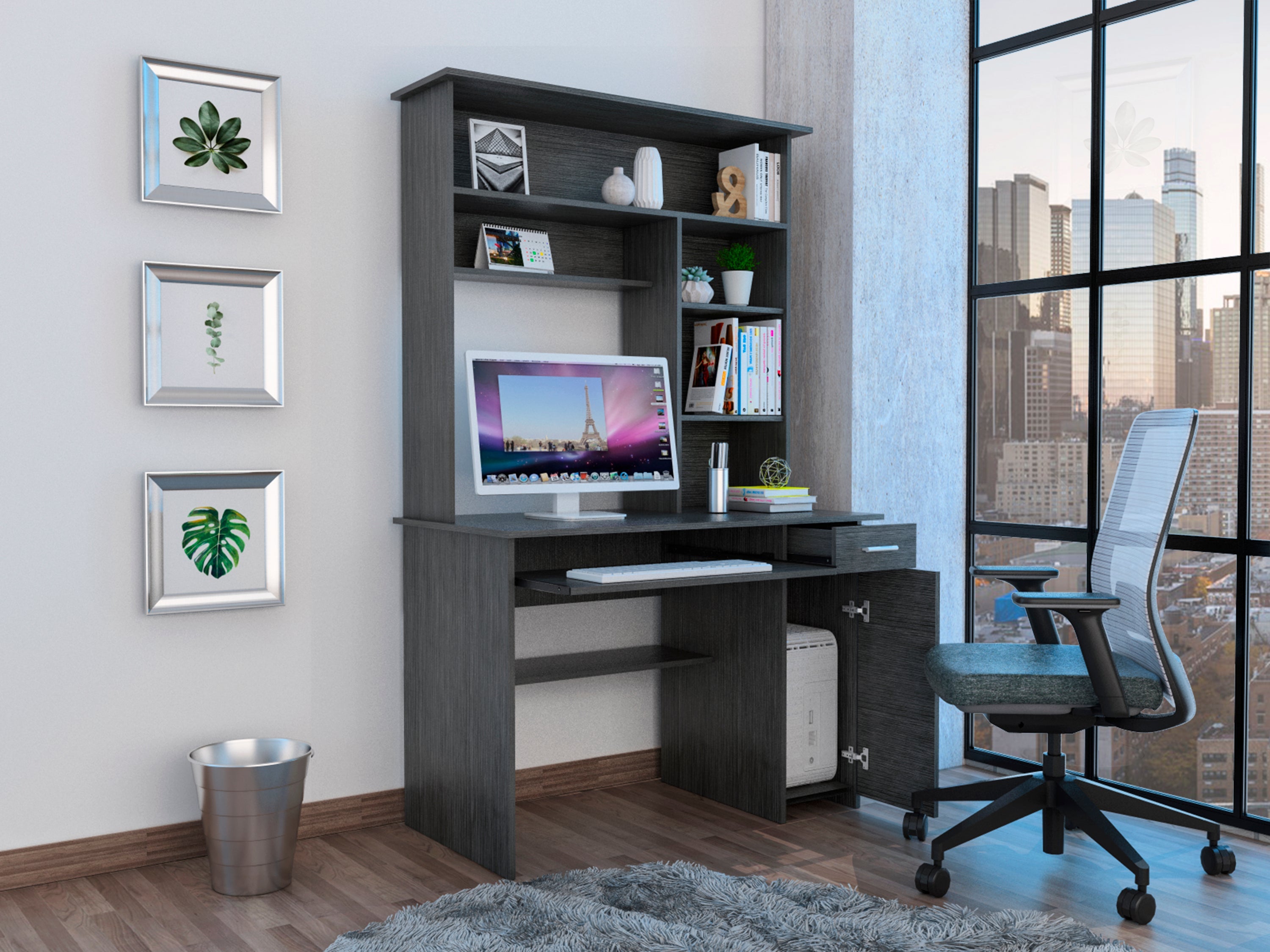 Compu 180 Hutch Desk, Multiple Shelves, Retractable Keyboard Tray, CPU Door Panel, One Drawer, Grey Oak -Smokey Oak