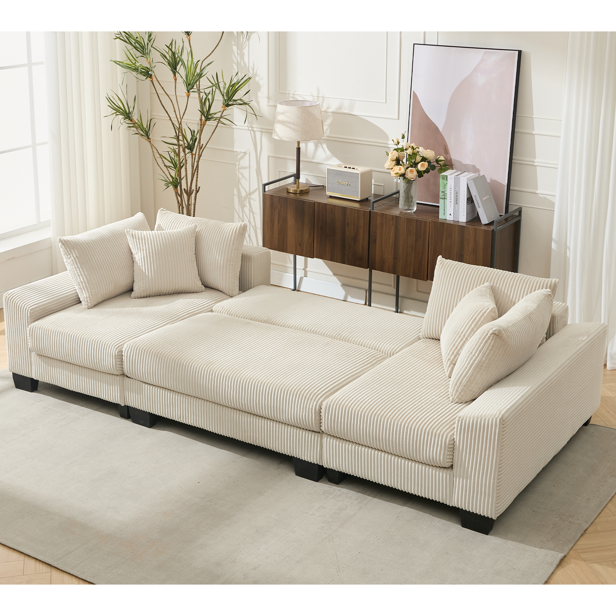 [NEW ARRIVED] [VIDEO PROVIDED] 114' Sleeper Sofa,U Shaped Sofa , Pull Out Bed,Convertible Oversize 2 in 1 Sleeper Sofa, Living Room,Upholstery Sofa Bed,Adjustable Sleeper Sofa,Corduroy,Beige