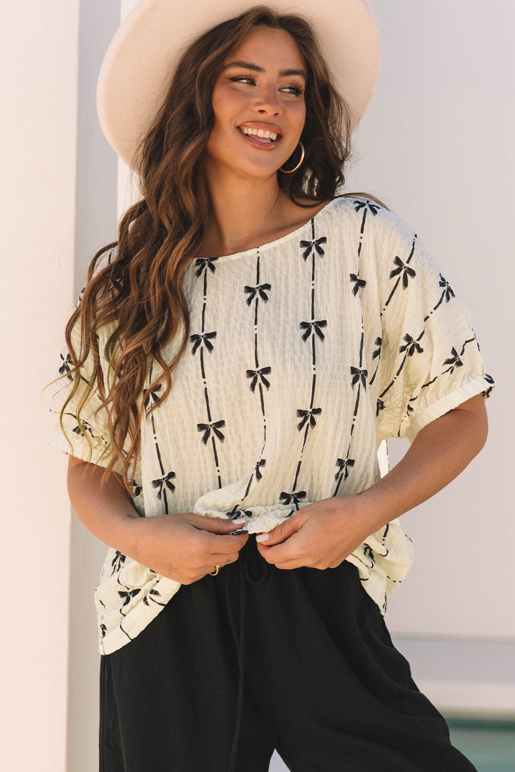 Bow Textured Short Puff Sleeve Top