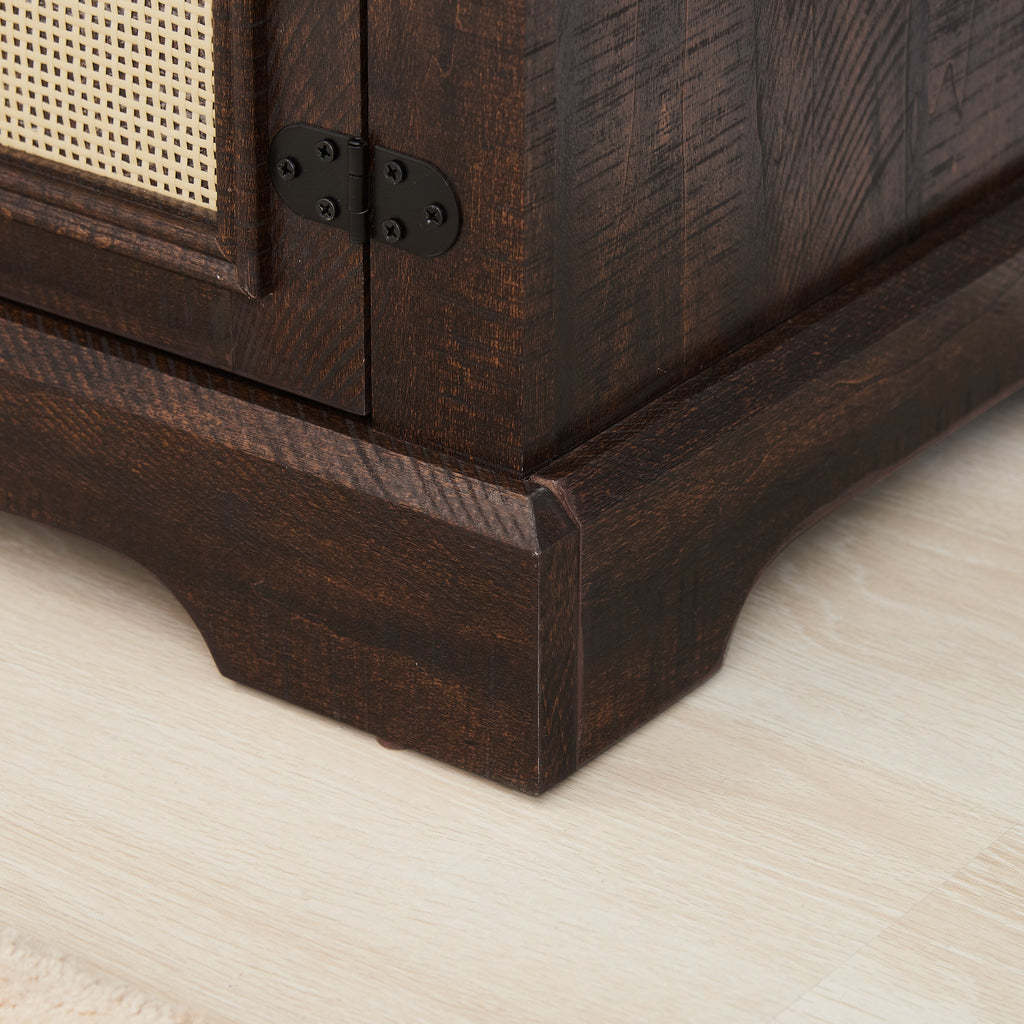 Farmhouse Rattan TV Stand Console Table for TVs up to 70 Inches, TV Console Table with 2 Storage Shelves, 2 Natural Rattan Door Cabinets, 65'W*15.55'D*23.86'H, Espresso