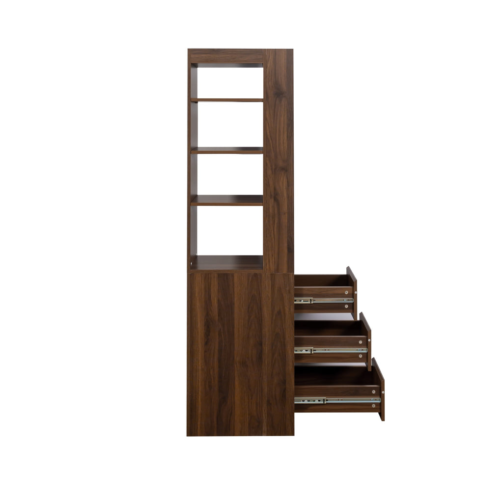 70.87' H Display Storage  Cabinet , 4-Tier Shelf, 3 Side Drawers & 4 small display shelves , Modern Wooden Tall Bookshelf Bookcase for Living Room Home Office