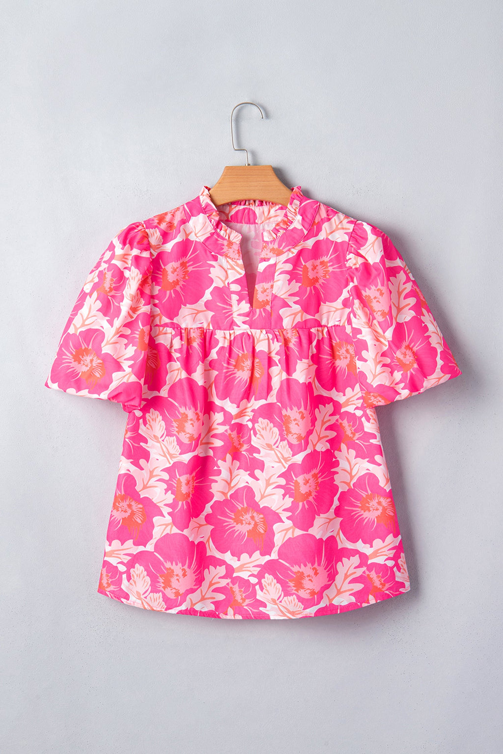 Floral Short Bubble Sleeve V-Neck Blouse