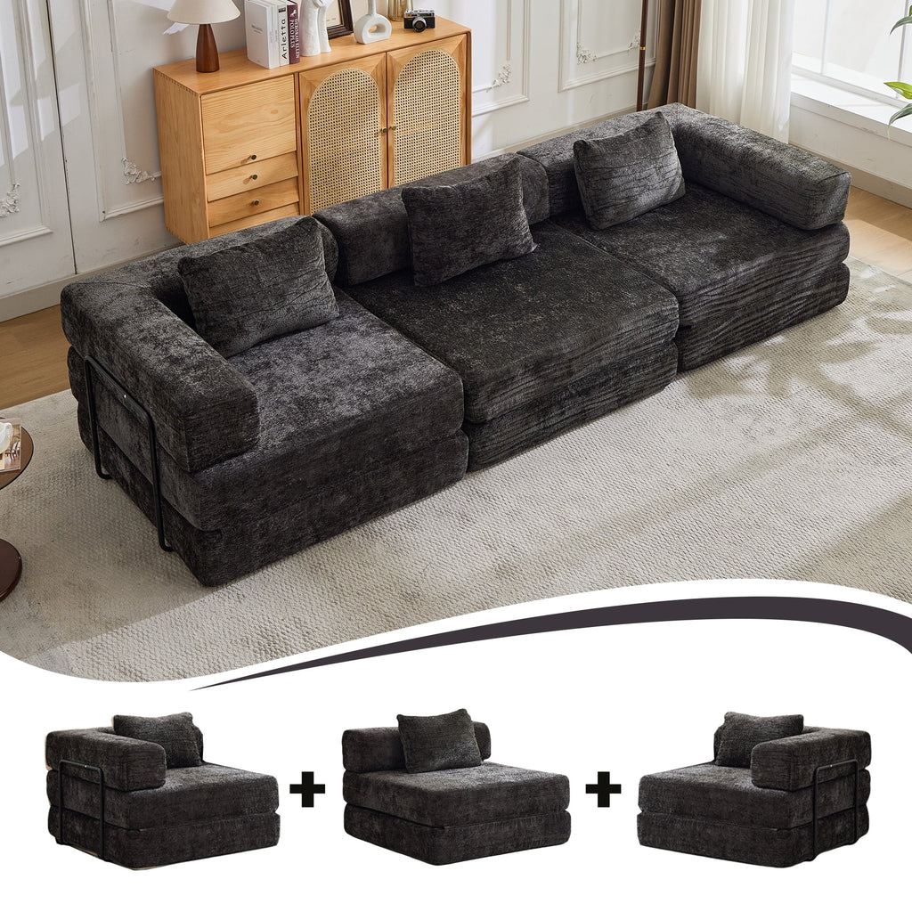 Compression Sofa,Convertible Floor Sofa Bed with Fixed-Shape Frame, Boneless Modular Sectional Sofa,No Assembly Required,Chenille fabric,for Living Room Bedroom,Black