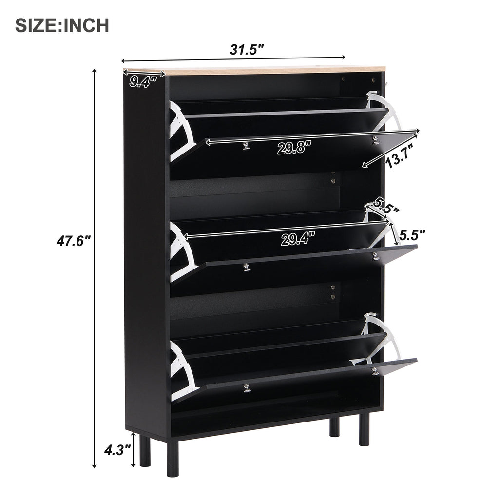 ON-TREND Narrow Design Tipping Bucket Shoe Cabinet with 3 Flip Drawers, Wood Grain Pattern Top Entryway Organizer with 3 Hooks, Free Standing Shoe Rack with Adjustable Panel for Hallway, Black