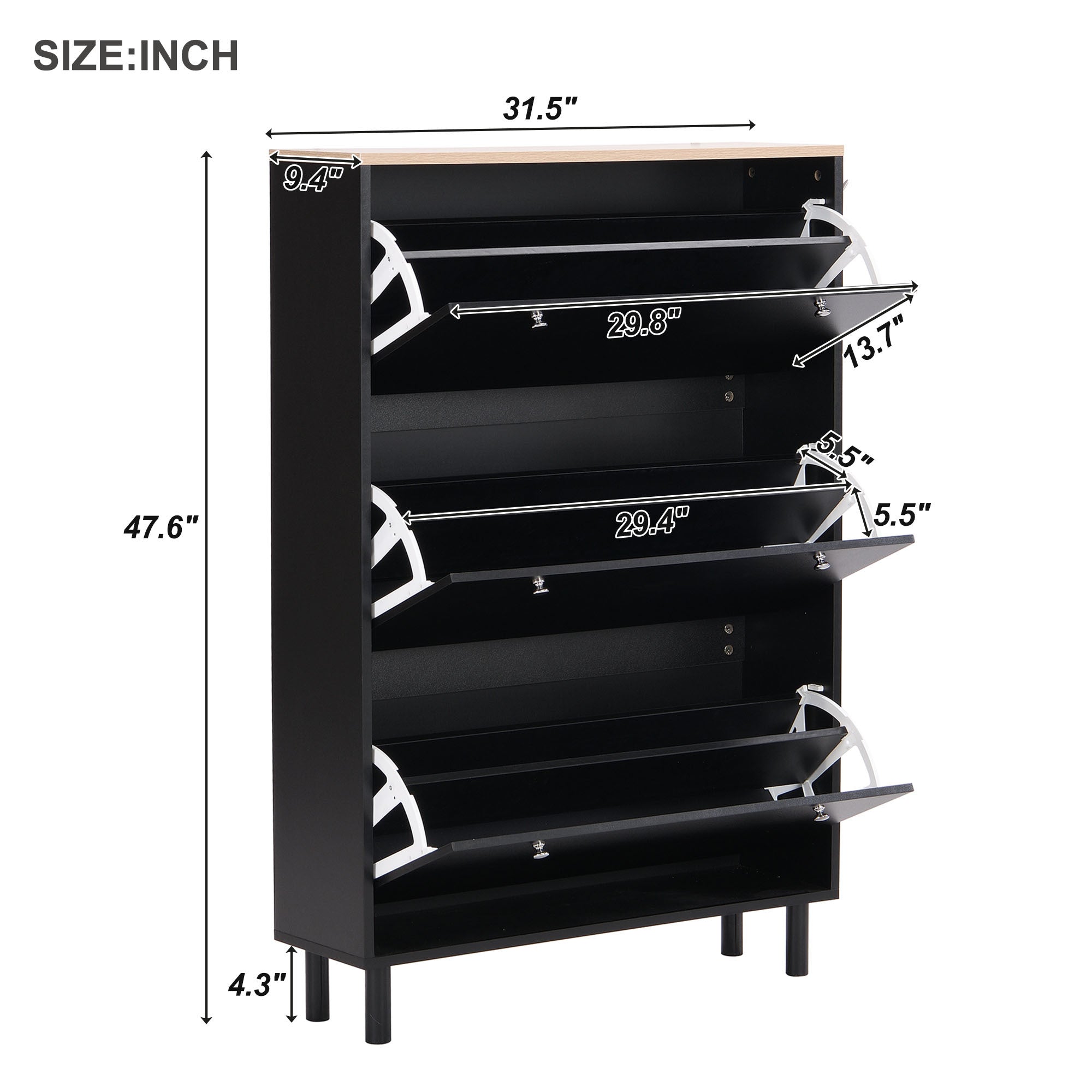 ON-TREND Narrow Design Tipping Bucket Shoe Cabinet with 3 Flip Drawers, Wood Grain Pattern Top Entryway Organizer with 3 Hooks, Free Standing Shoe Rack with Adjustable Panel for Hallway, Black