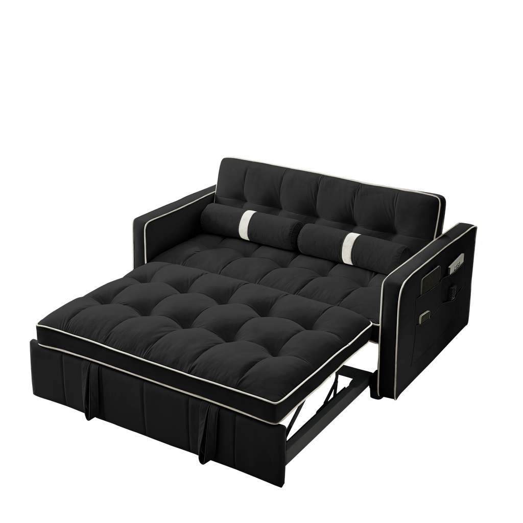 Modern 55.5' Pull Out Sleep Sofa Bed 2 Seater Loveseats Sofa Couch with side pockets, Adjsutable Backrest and Lumbar Pillows for Apartment Office Living Room