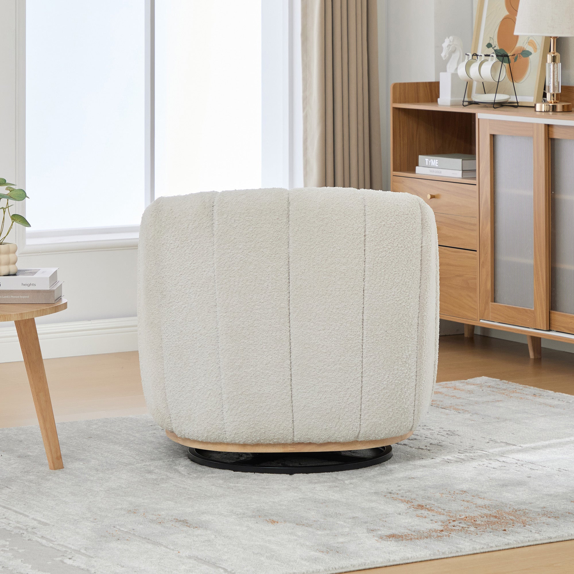 Modern Ivory Chenille Cushioned Metal Base Swivel Barrel Chair, 32.28' Wide Upholstered Tufted Pumpkin-Shape Club Armchair