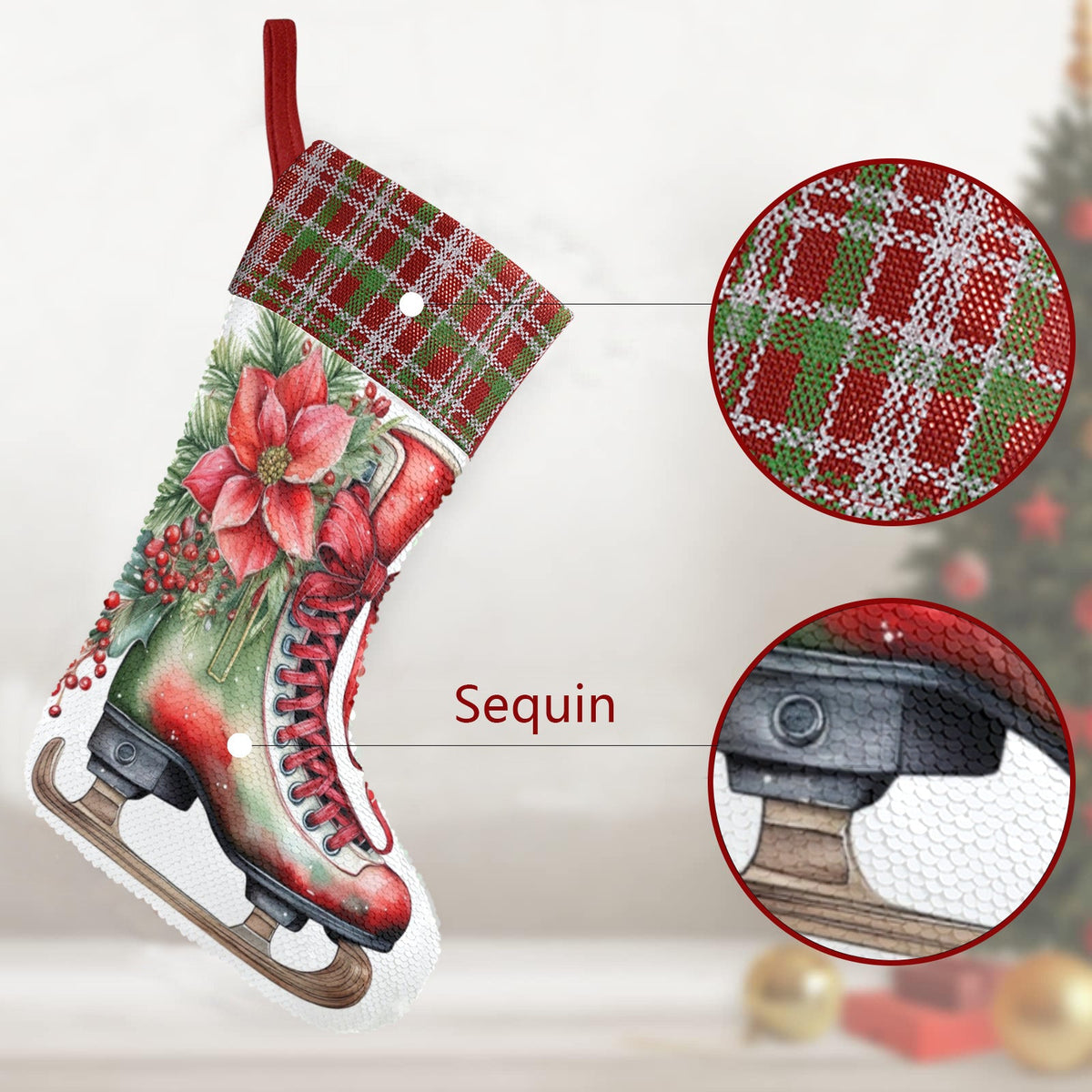 Christmas Ice Skate Sequin Christmas Stocking (Made in USA)