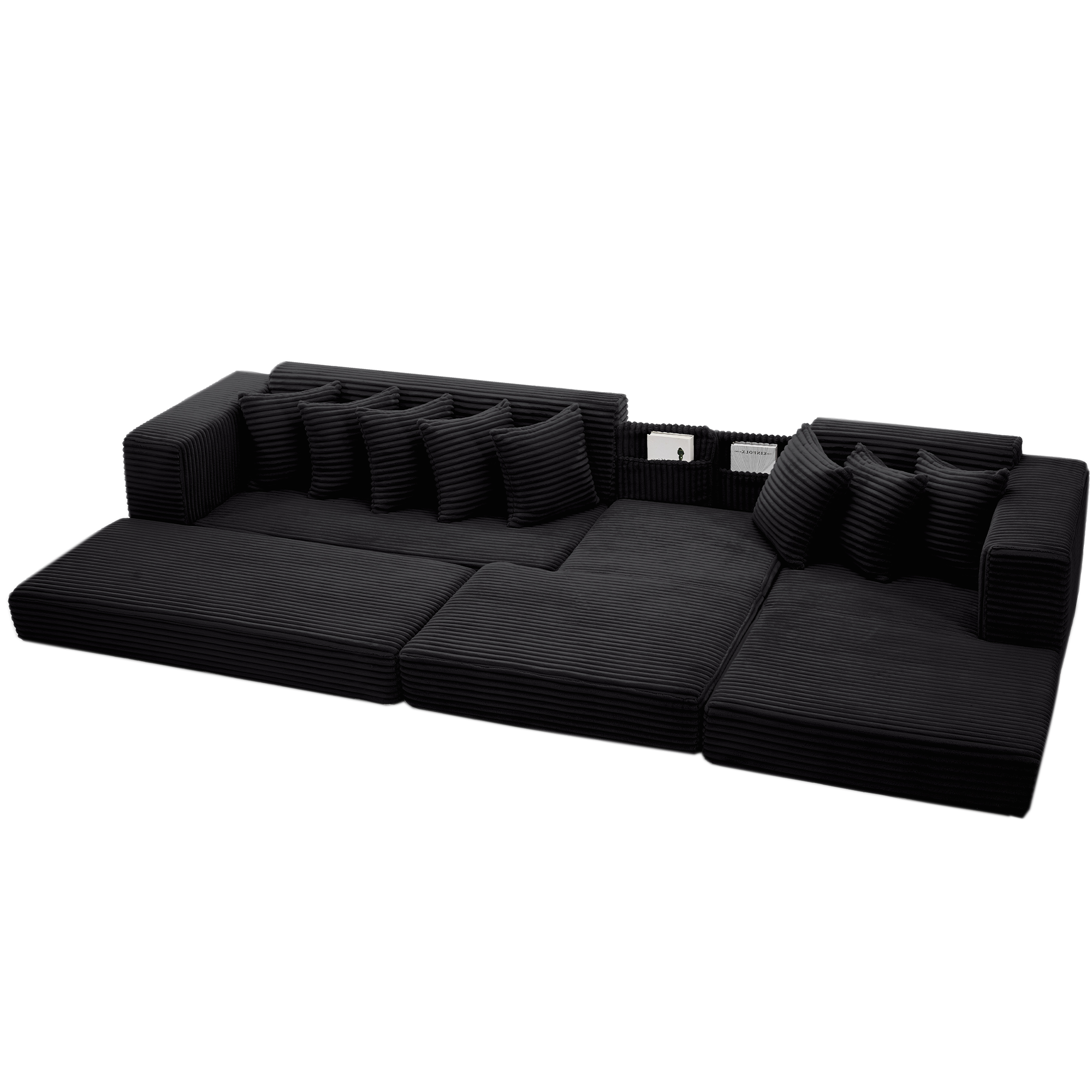 [NEW ARRIVED] [VIDEO PROVIDED] Oversize Cloud Sectional Couch, L-Shape Sofa, Convertible Floor Sleeper Sofa Bed, No Assembly,Eight pillows,3-in-1,Magazine bag,(Right Facing Sofa),3 Seat,Corduroy,Black