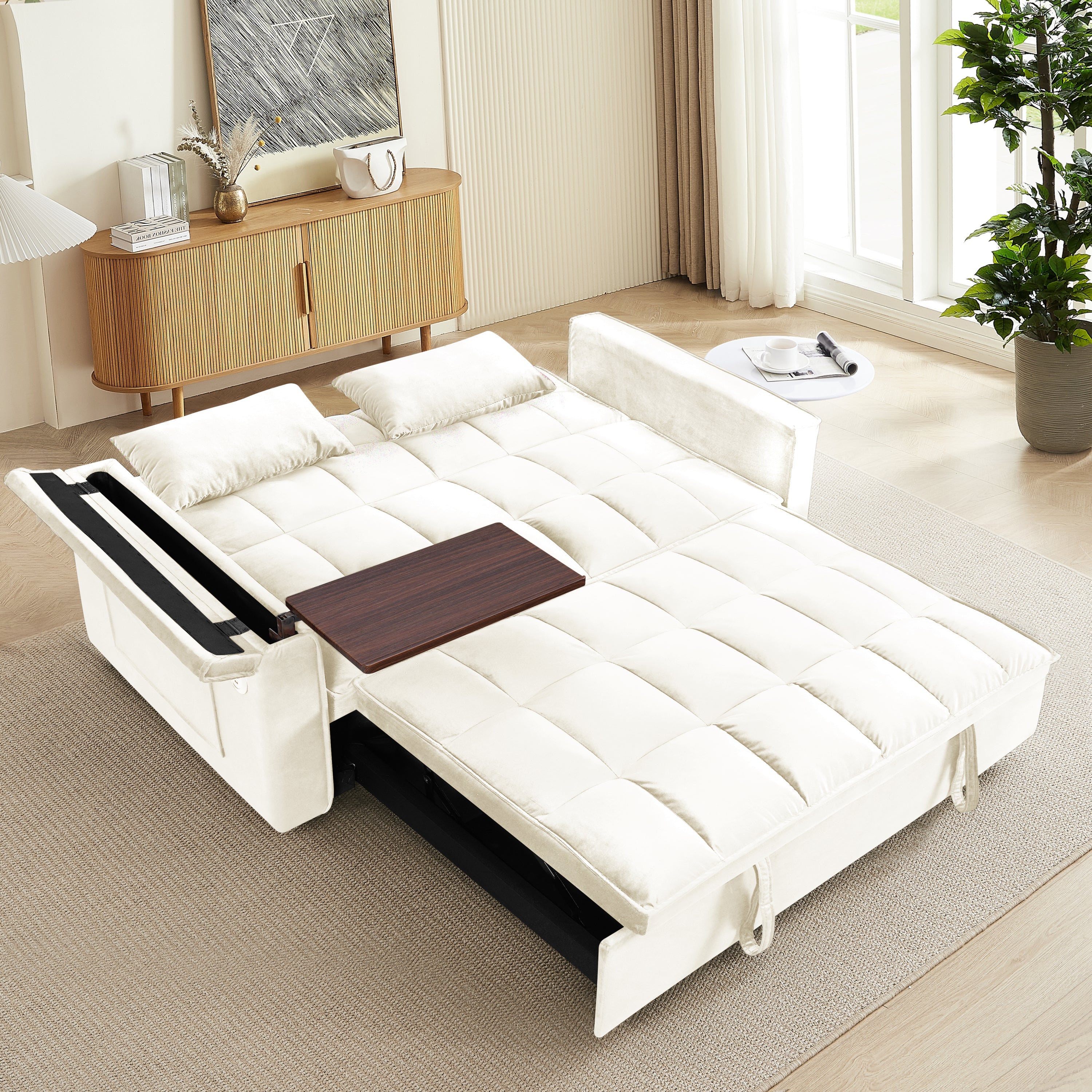 55.5 '3-in-1 foldable sofa bed, modern velvet double sofa, sofa bed with adjustable back, storage bag and pillow, hidden living room laptop desk with USB port, suitable for living room, bedroom(BEIGE)