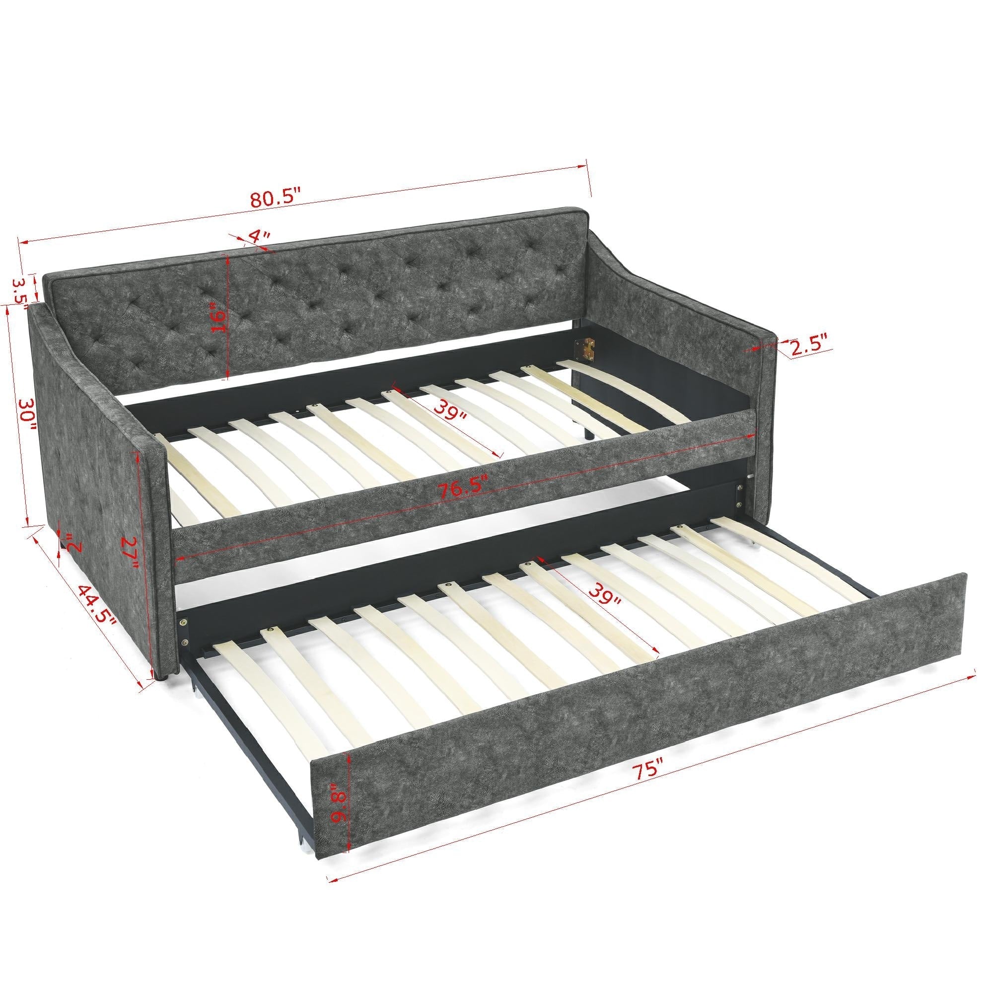Twin Size Daybed with Twin Size Trundle Upholstered Tufted Sofa Bed,  Waved Shape Arms, Grey (80.5'x44.5'x33.5')