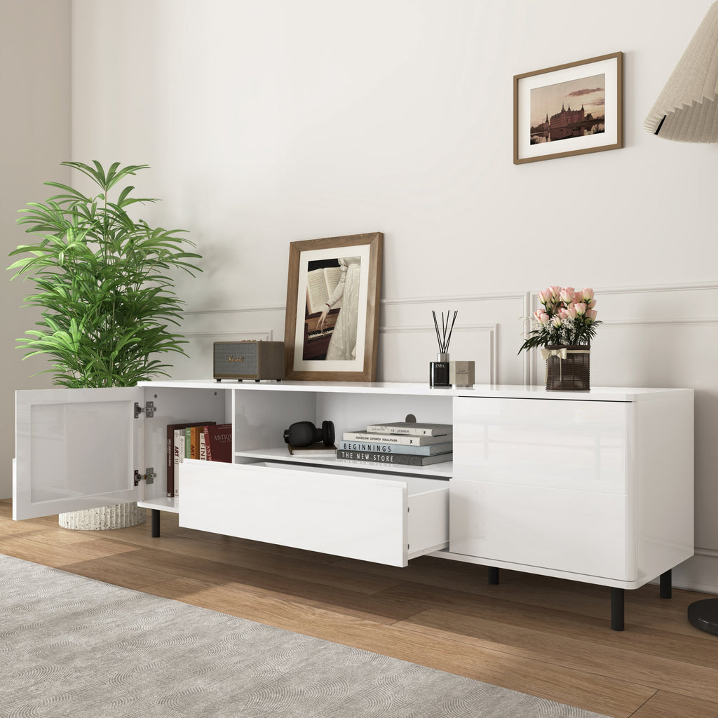 High Gloss Panel Modern TV Console, TV Stand, Entertainment Center with Storage Shelves,TV Cabinet for Living Room, Bedroom, Cloud White 63x15.74x19.68 inch