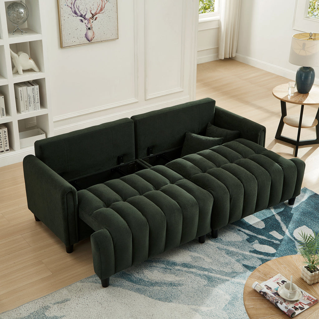 83'' Futon Sofa Bed, Polyester Fabric Comfy Futon Couch Bed with 2 Square Pillows, Convertible Sleeper Sofa with Adjustable Backrest,  Modern Loveseat Sleeper for Living Room, Dark Green