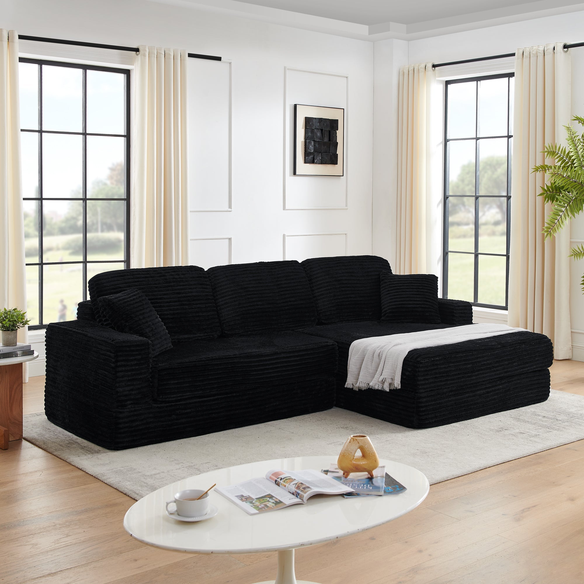 Modern Minimalist Style L Shape Modular Sectional Sofa with Corduroy Finish in Black