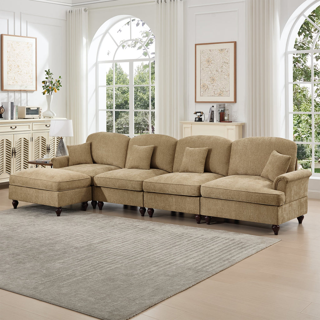 Classic Three Seater Modular L Shaped Sectional Couch with Flared Arms and Removable Ruffles Pleats Skirts and Spindle Legs, Comfy Chenille Four-Seat Deep Seat Sofa with Movable Ottoman, Light Coffee