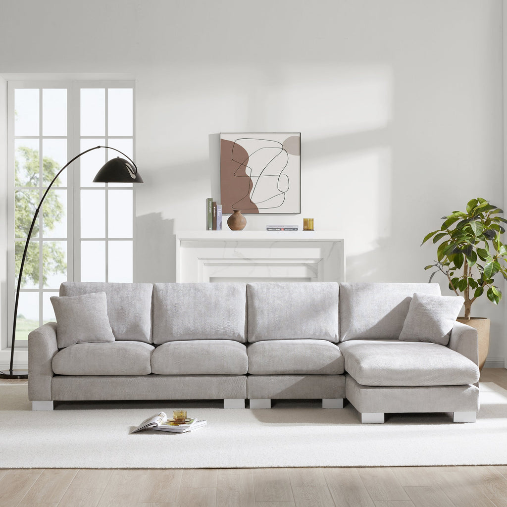 Modern Oversized L-shaped Sectional Sofa with Chaise and Free Pillows, Chenille Fabric, 119*55 Inches, Light Gray