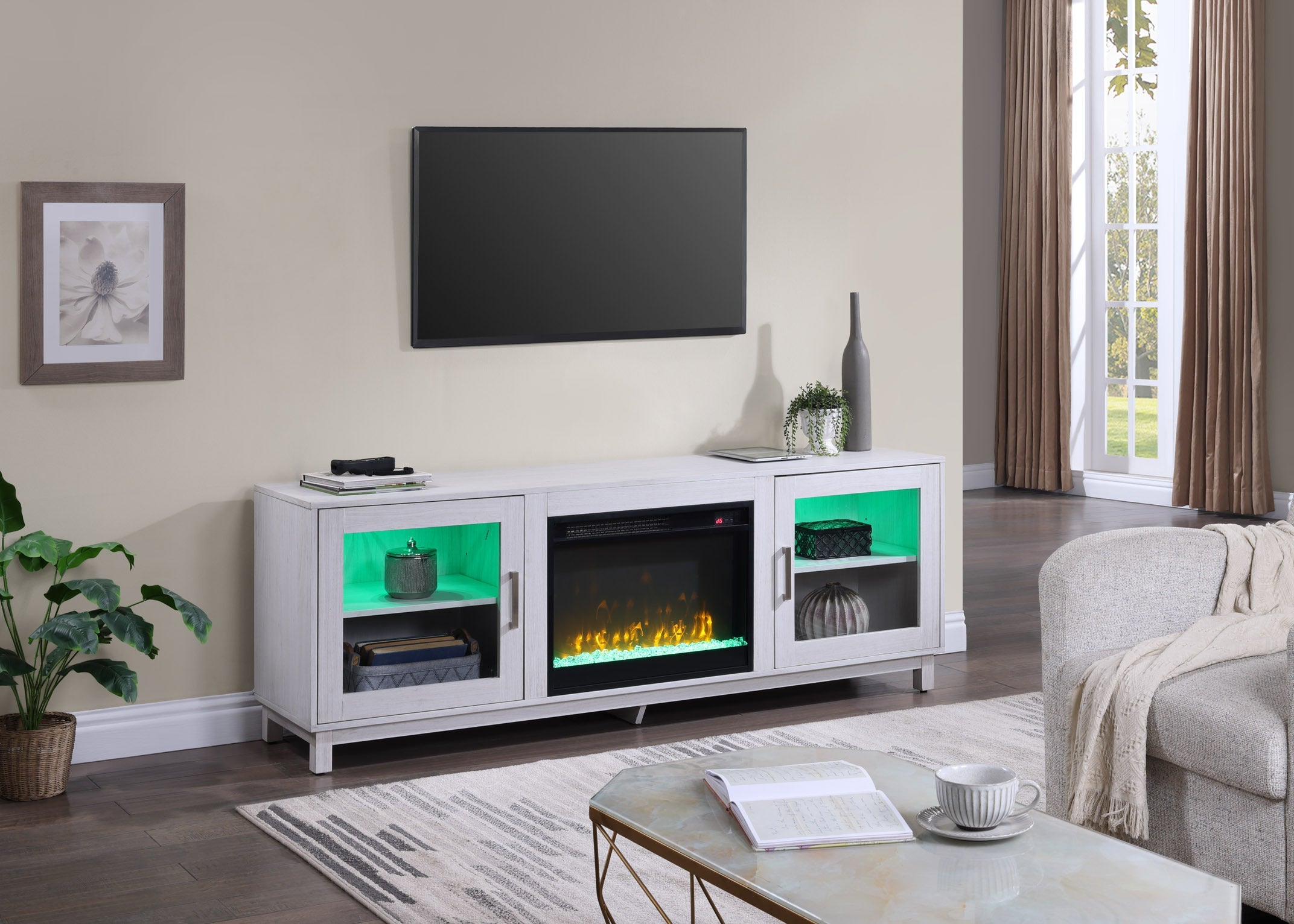 Summit 70' White Walnut Finish TV Stand Console with Fireplace, Heater
