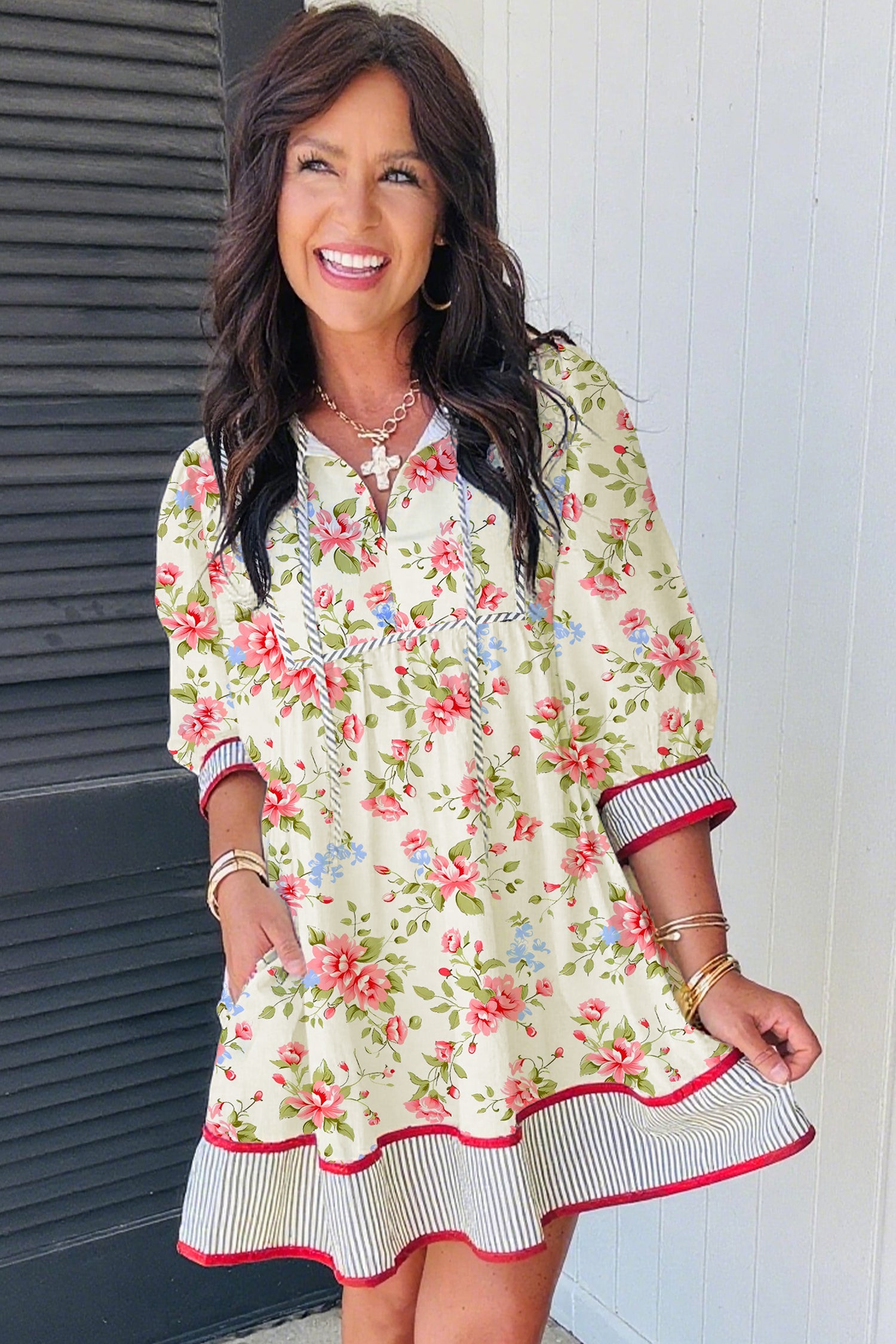 Floral Stripe Trim 3/4 Puff Sleeve Dress