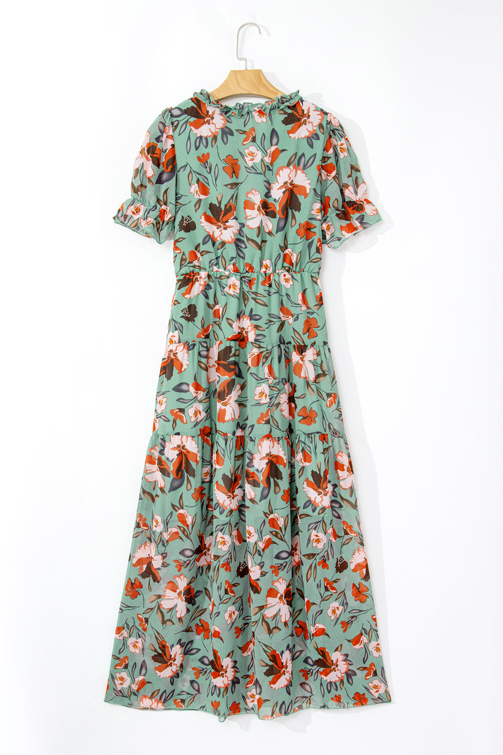 Floral Frilled V-Neck Short Sleeve Maxi Dress