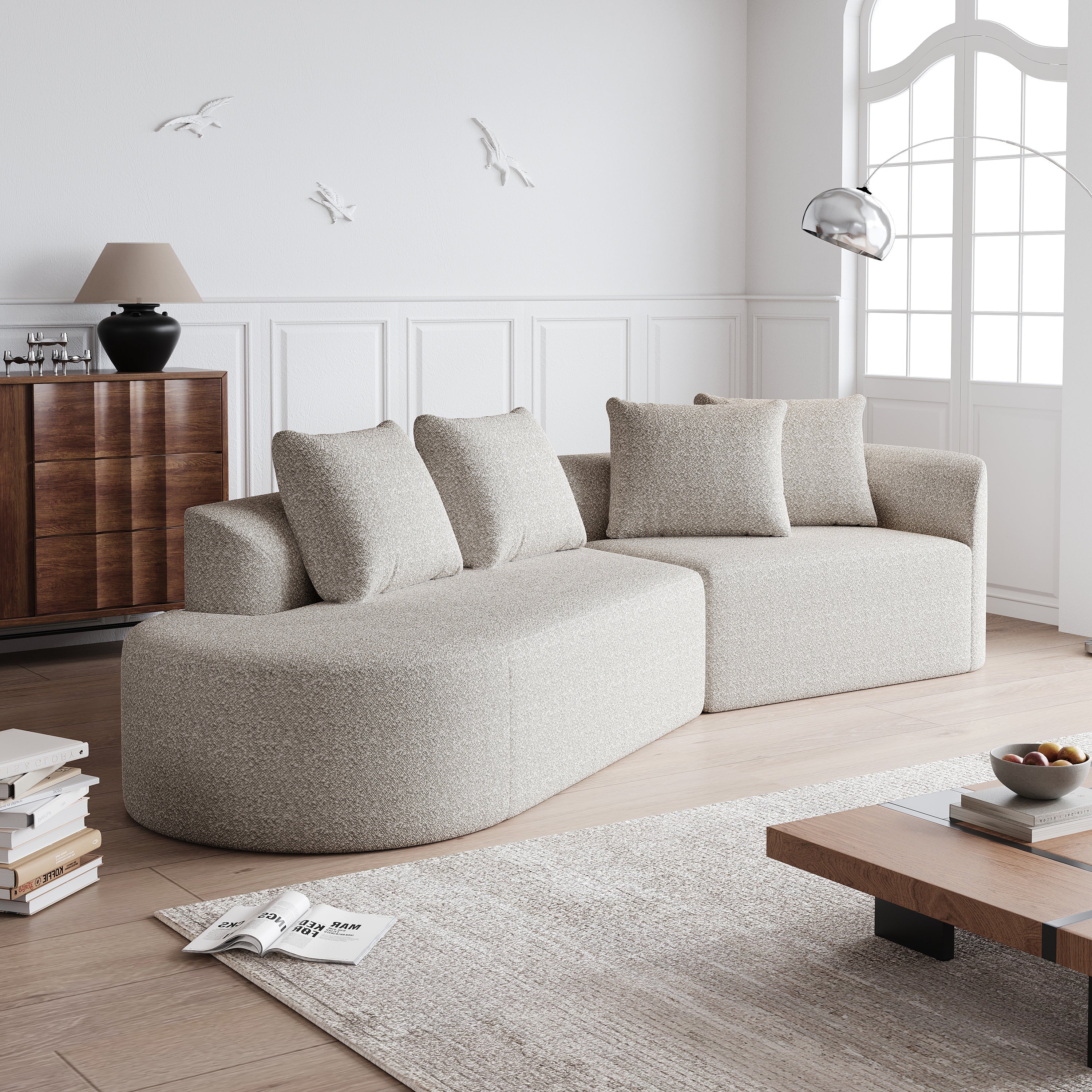 Modern Upholstered Oversized Sectional Sofa, 112-Inch Chenille 4-Seater Extra Deep & Wide Seat Curved Cloud Couch with 4 Throw Pillows, Free Combination Sofa Couch for Living Room,Bedroom