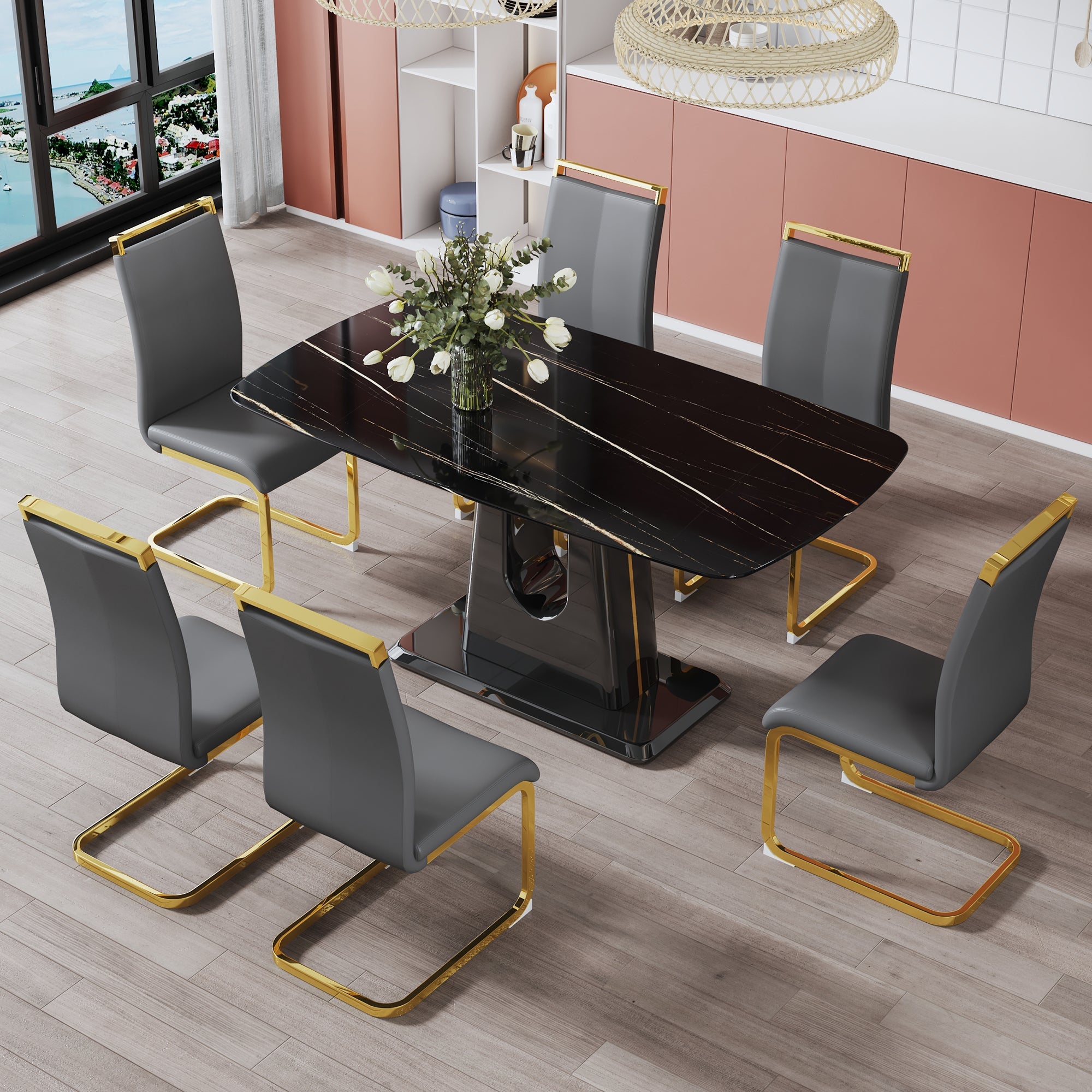 A modern, minimalist, and luxurious table. A black imitation marble tabletop with MDF U-shaped legs. Dining table, computer table. For restaurants and living rooms 63' * 35.4'* 30' F-U