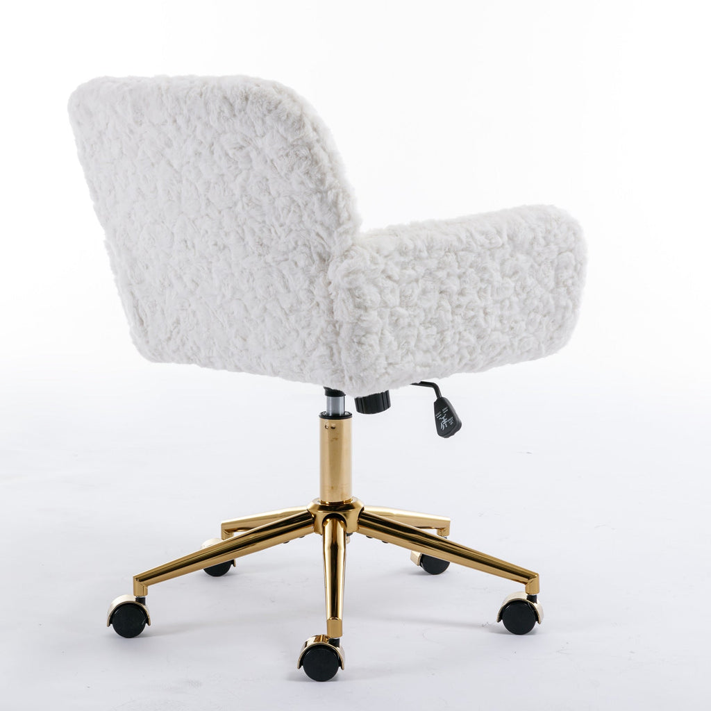 A&A Furniture Artificial Rabbit Hair Office Chair with Golden Metal Base, Adjustable Swivel Vanity Chair, Beige Velvet