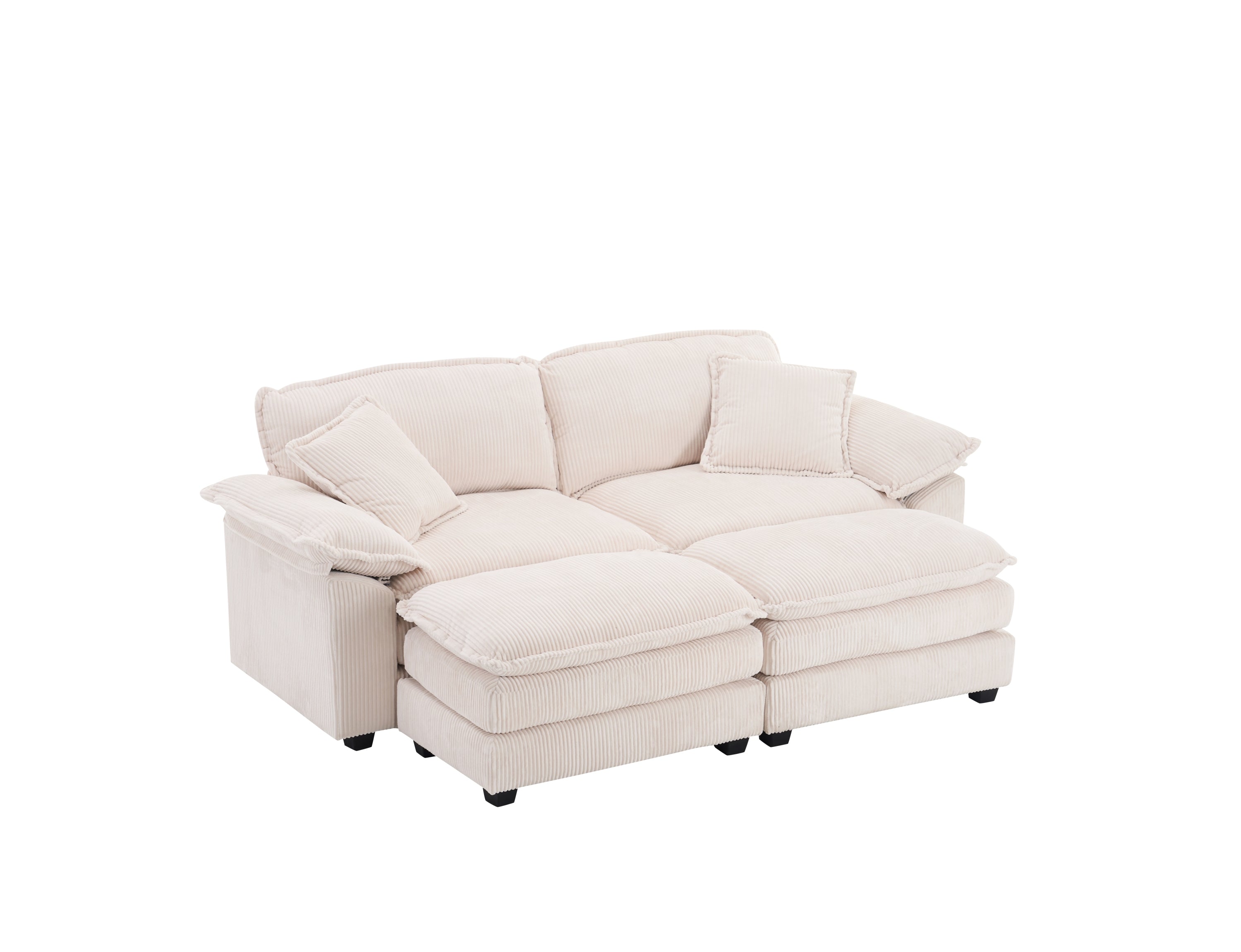Corduroy 2-seats sofa With 2 back pillows,2 toss pillows and two ottoman,Comfy Sofa- Deep Seat Couch for Living Room,White