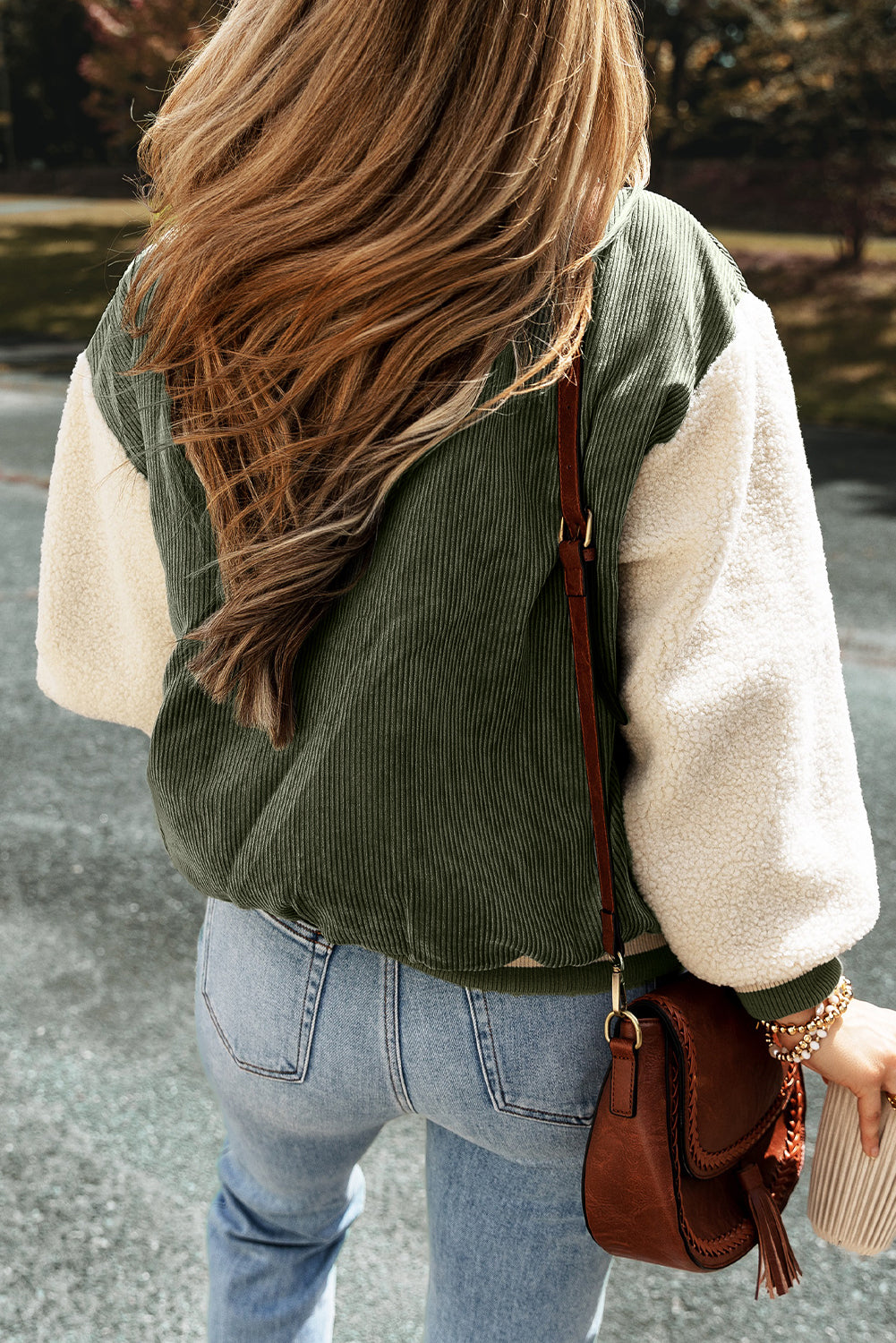 Colorblock Corduroy Fleece Patchwork Button-Up Bomber Jacket