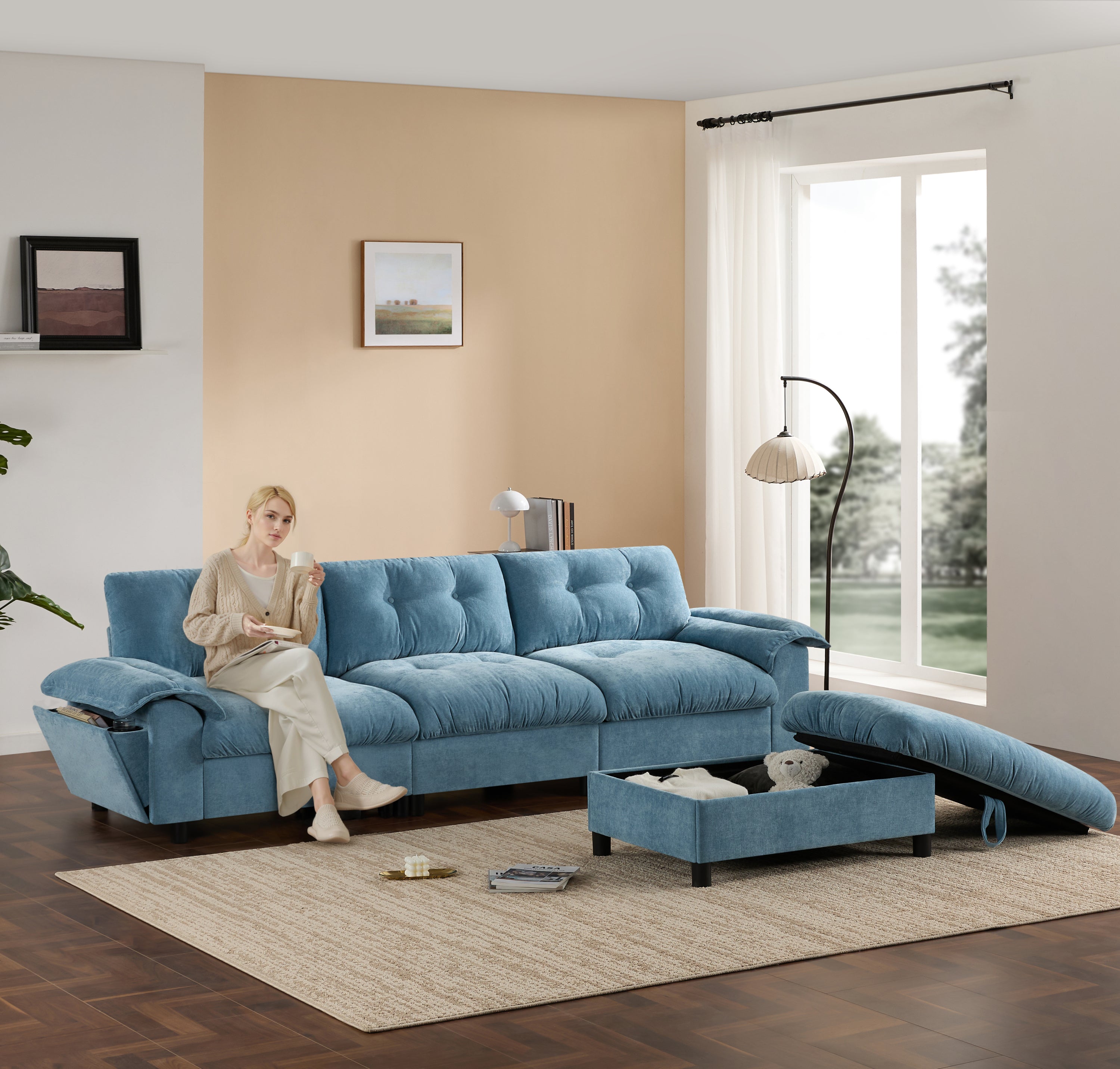 [VIDEO]104*60' Sectional Sofa, L-Shape with Multifunctional Armrest, Dual-Port Charging, Cup Holder, Side Storage Pockets, Movable Storage Ottoman, Unique Tufted Design, Soft Cushion, Chenille,3colors