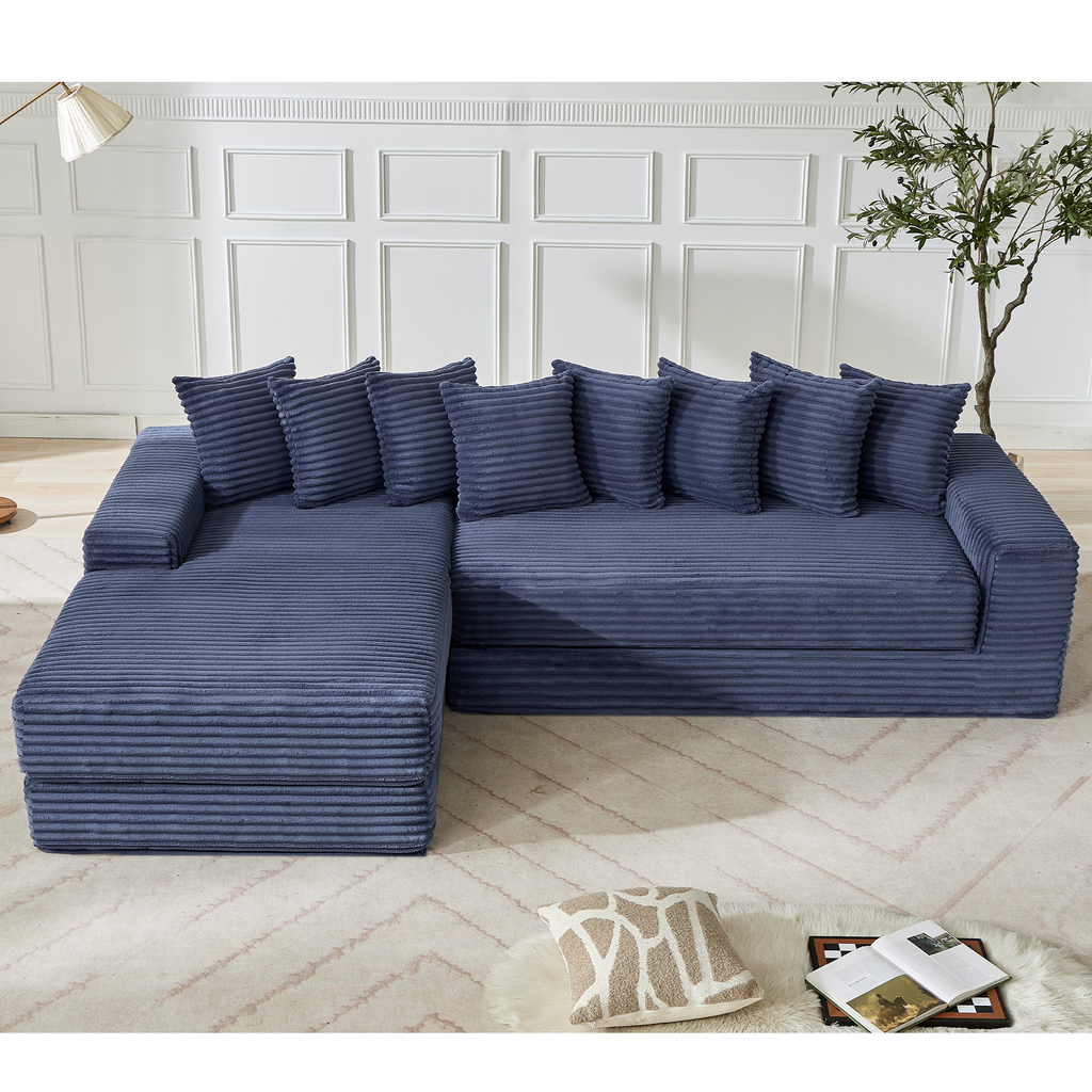 [NEW ARRIVED] [VIDEO PROVIDED]   Oversize Cloud Couch, L-Shape Sofa, Convertible Floor Sleeper Sofa Bed,  No Assembly ,Eight  pillows,3-in-1,Side Pocket,(Left Facing Sofa),3 Seat,Corduroy,Blue