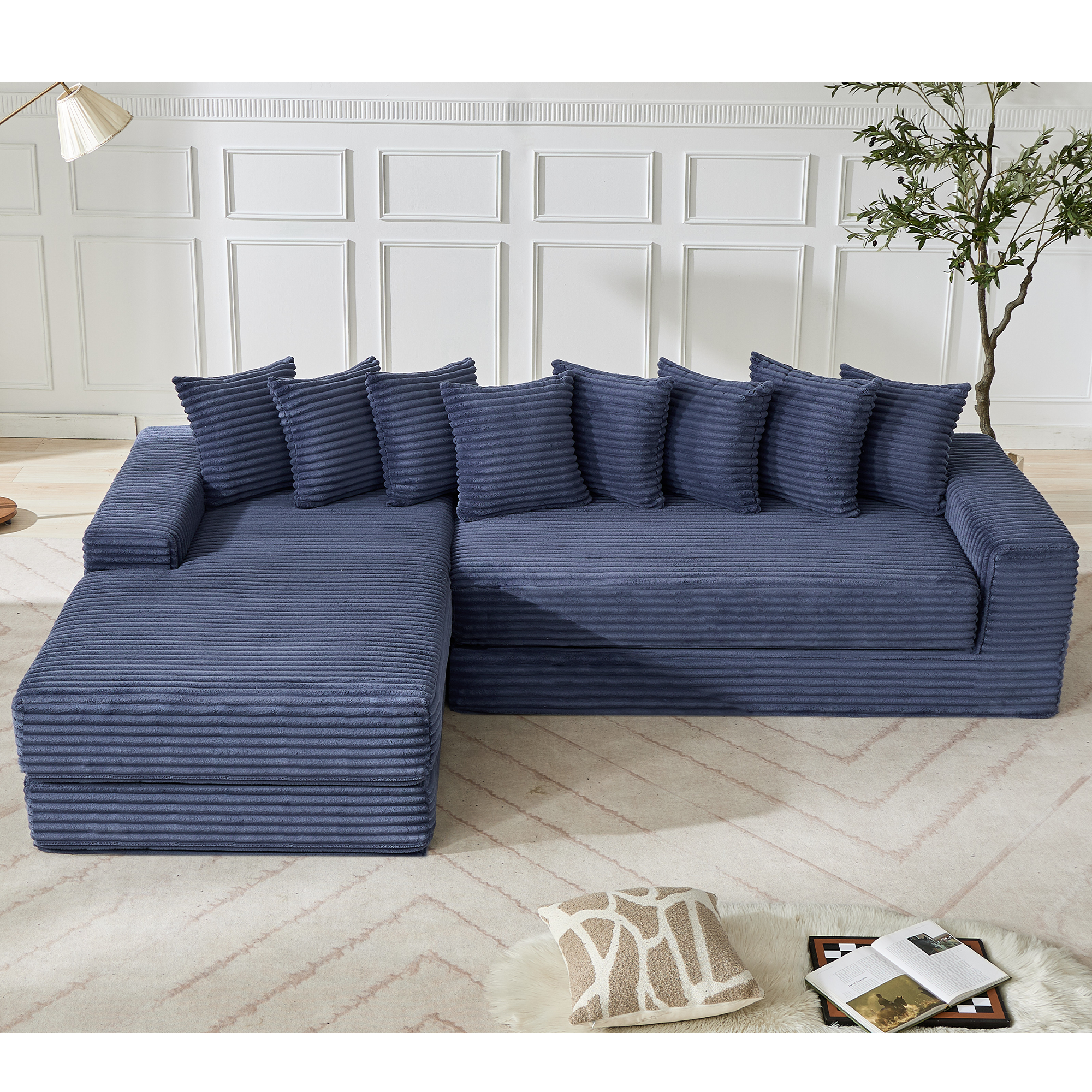 [NEW ARRIVED] [VIDEO PROVIDED]   Oversize Cloud Couch, L-Shape Sofa, Convertible Floor Sleeper Sofa Bed,  No Assembly ,Eight  pillows,3-in-1,Side Pocket,(Left Facing Sofa),3 Seat,Corduroy,Blue
