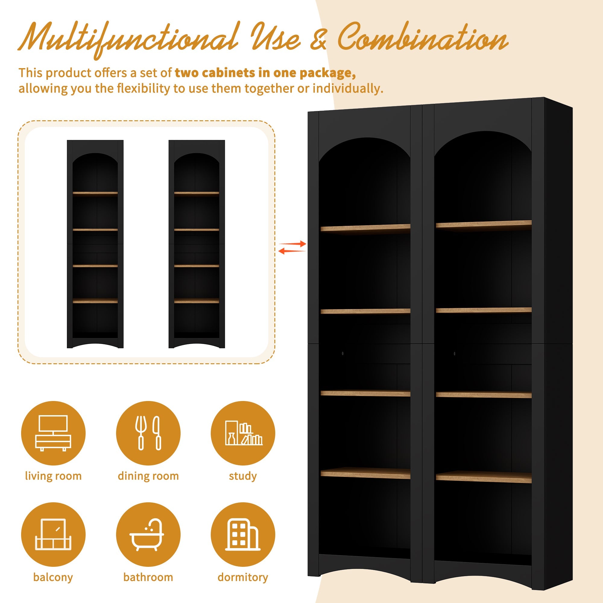 ON-TREND 3-Piece Farmhouse Entertainment Center with Storage Cabinet for TVs Up to 70', Mid-Century TV Stand with Bookshelf, Rustic Versatile Sideboard with Adjustable Shelves for Living Room, Black