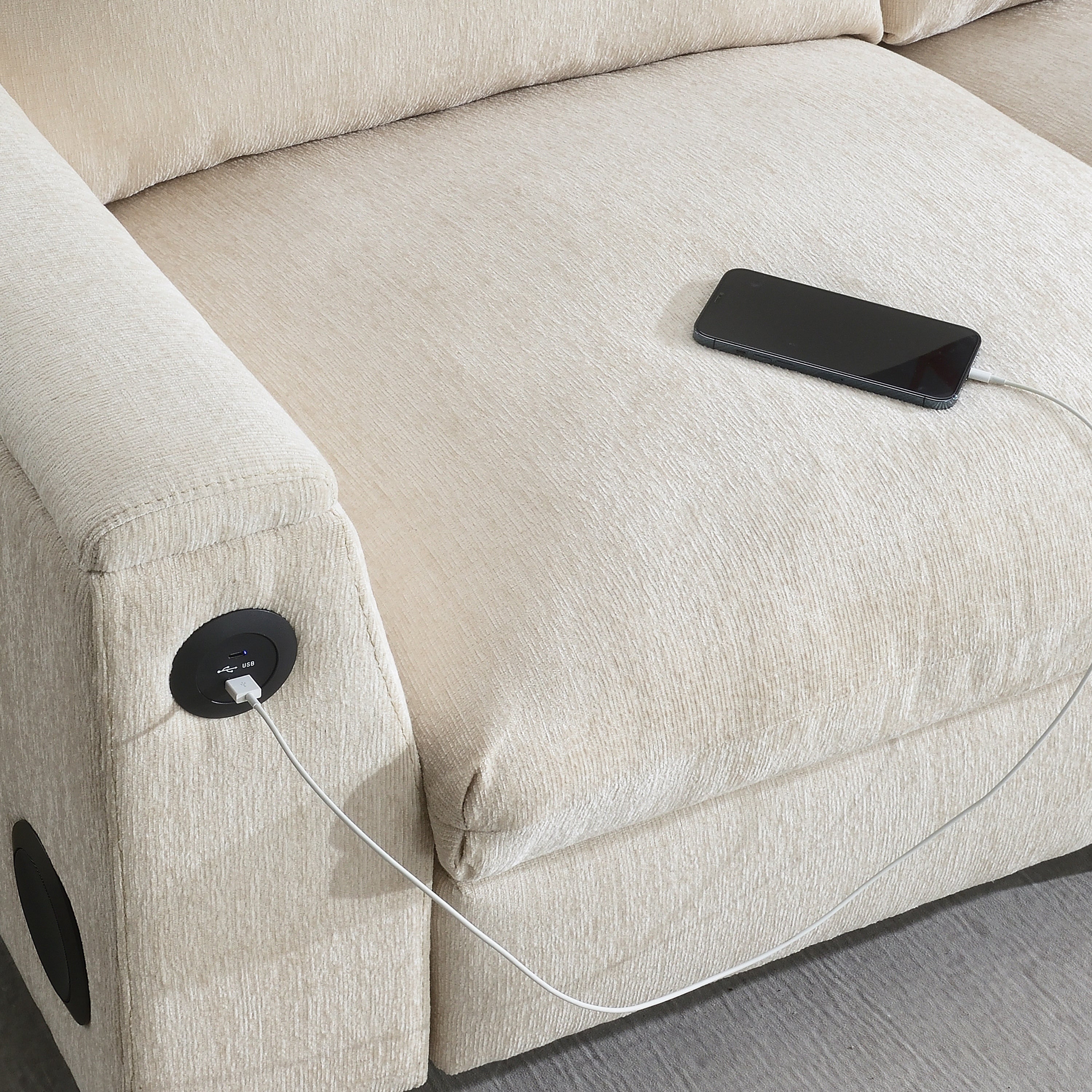 Chenille Sectional Sofa with Bluetooth Speaker, Comfy Cloud Couch Set with Drop Down Table, Cup Holders, USB Charger, Storage Armrest, Wide Seat, 96*35''