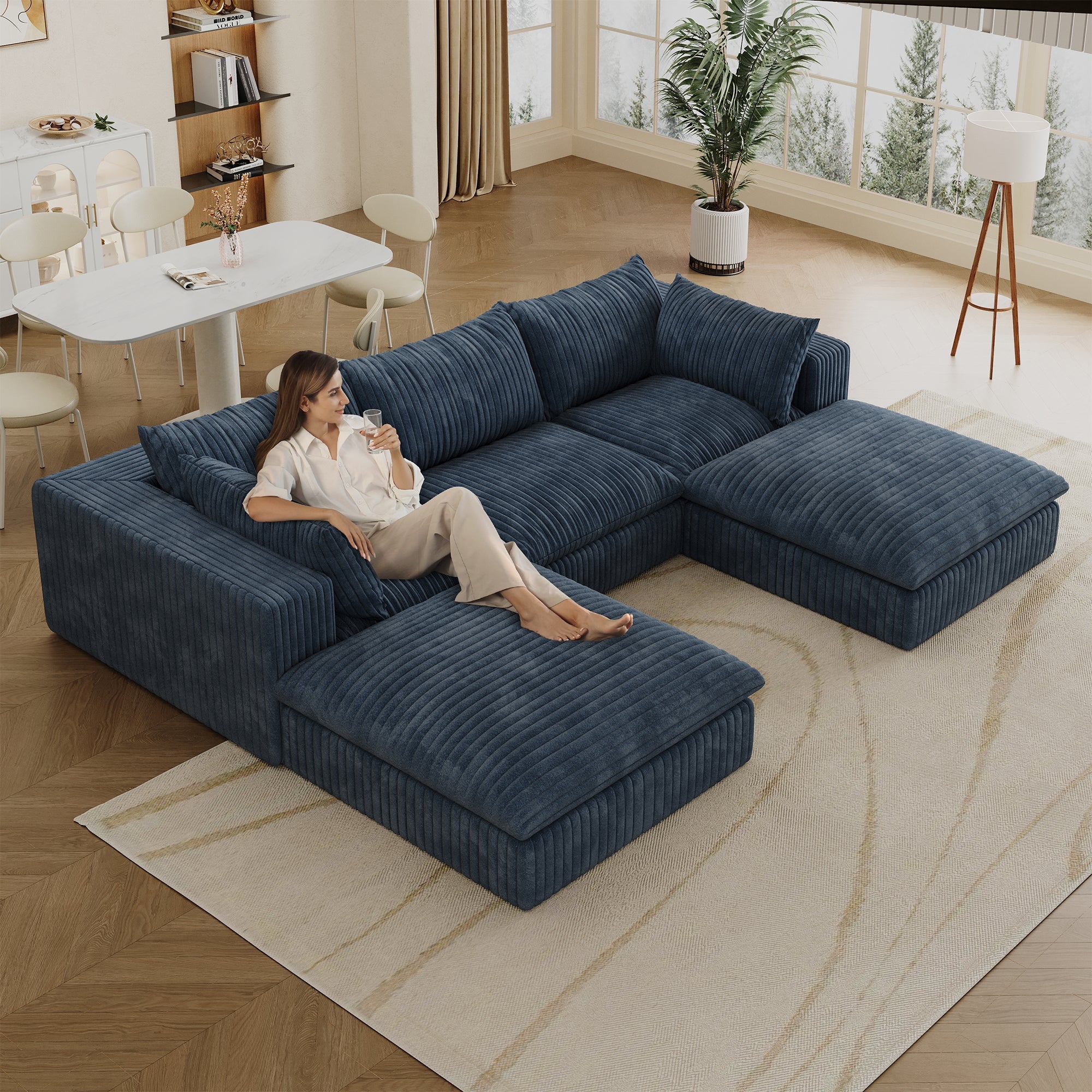 118.2' Cloud Sofa,Corduroy Fabric,Deep Seat Couches,Double-layer design,Removable Cushion,No Assembly, DIY Combination for Living room, Bedroom,Conference room ,Apartment,Blue
