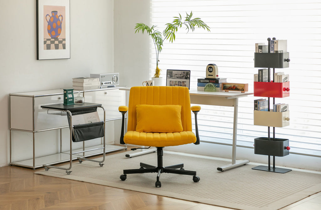 Yellow Linen Criss Cross Armrest Office Chair with Wheels - Ergonomic for Home Office, Work & Study