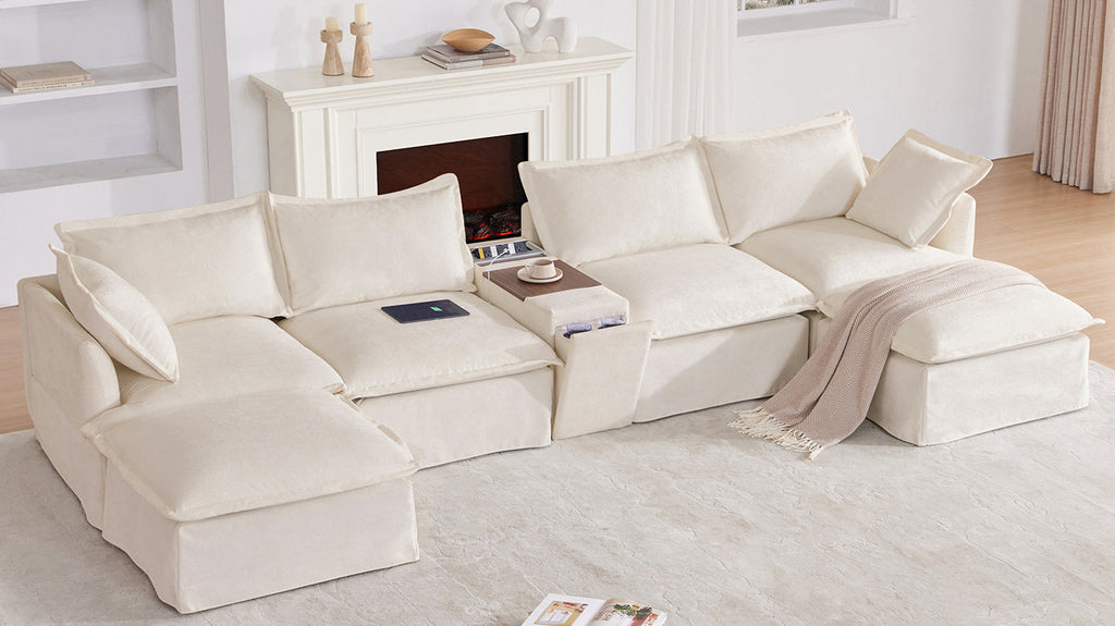 [VIDEO+NEW]131'' Modular Sectional Sofa with Movable Ottoman and Console,Cup Holder,Wide Seat,6 Seat U Shaped Couch,Oversized Chenille Sofa with USB Charger for Living Room,Apartment,2 Colors
