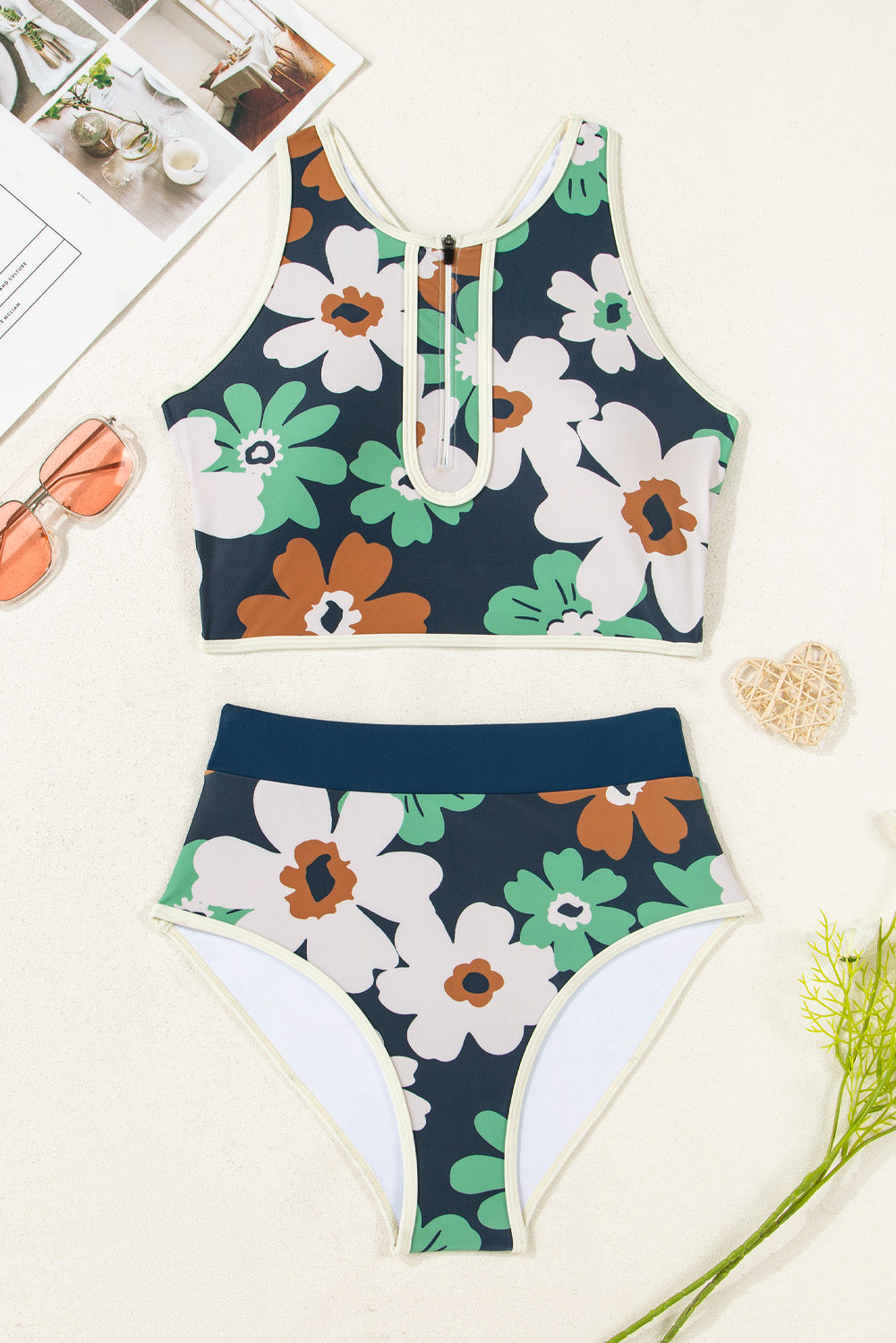 Flower Zip-Up Racerback Top & High Waist Bikini Set