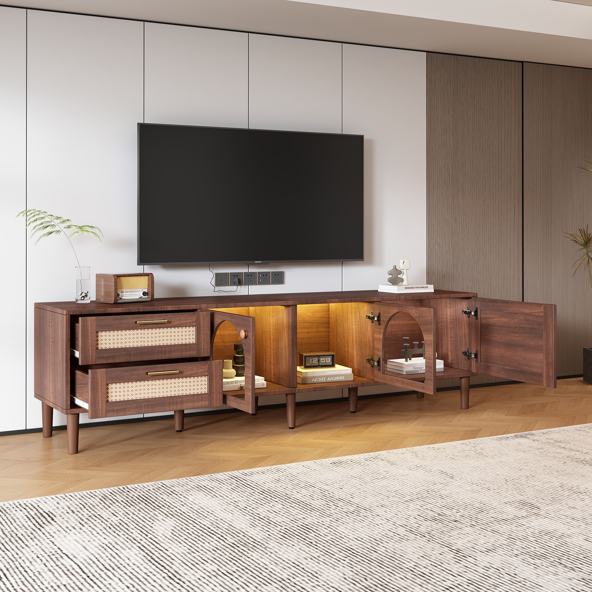 Rattan TV Stand with 3 Cabinets & 2 Drawers, Rattan-inspired Media Console Table for TVs up to 80'', LED Light Entertainment Center, TV cabinet for Living room, Bedroom, Home Theatre