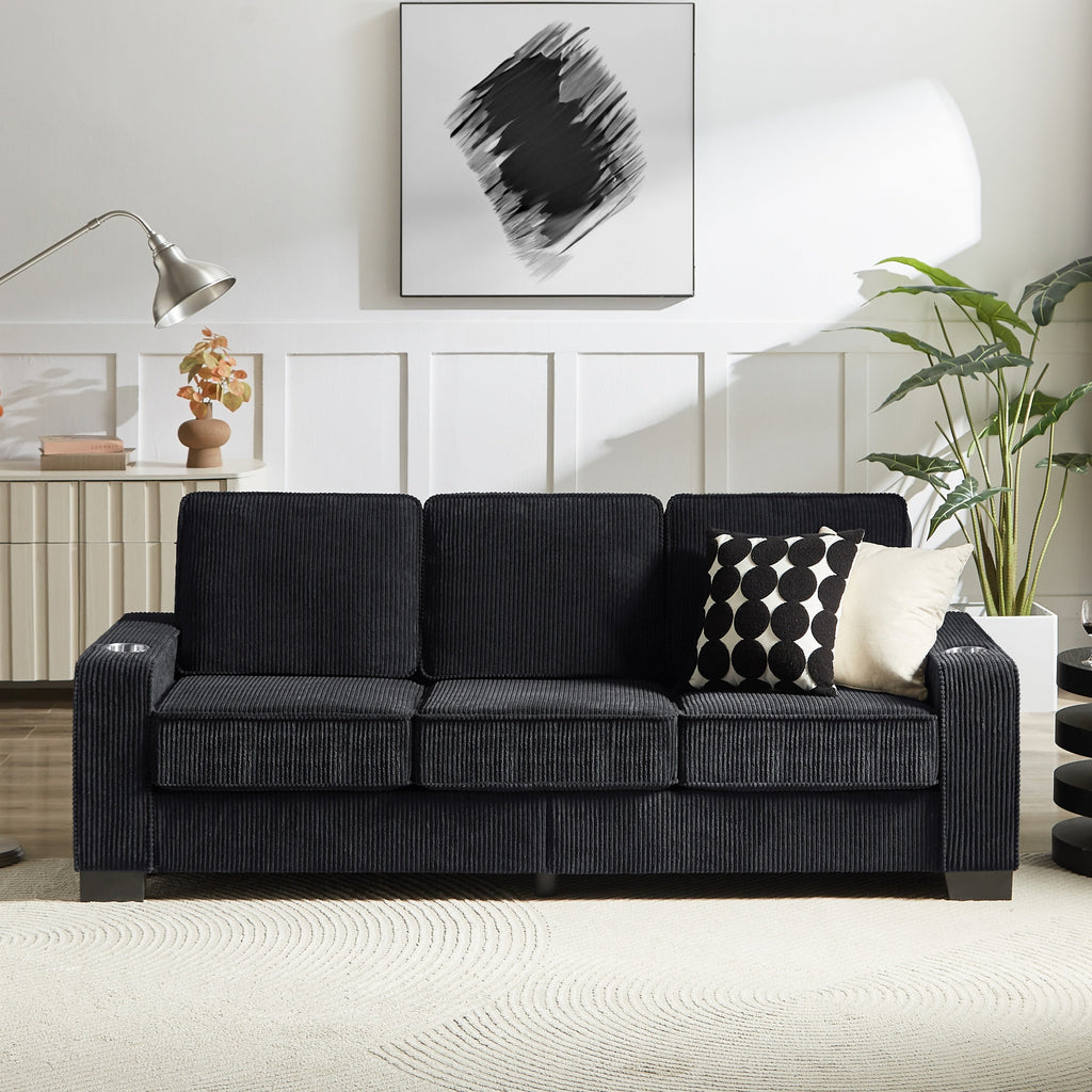 Modern Corduroy Fabric Sofa, 3-Seater Compressed Couch with Cup Holders, Black, 84.25'