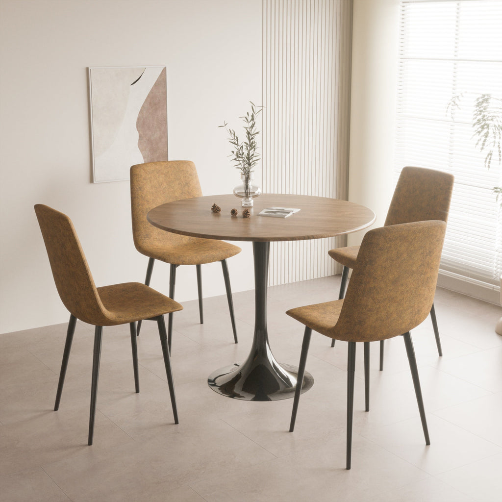 Mid-Century Round Dining Table, Walnut Color, MDF Table Top & Pedestal Base, 31.5 Inches