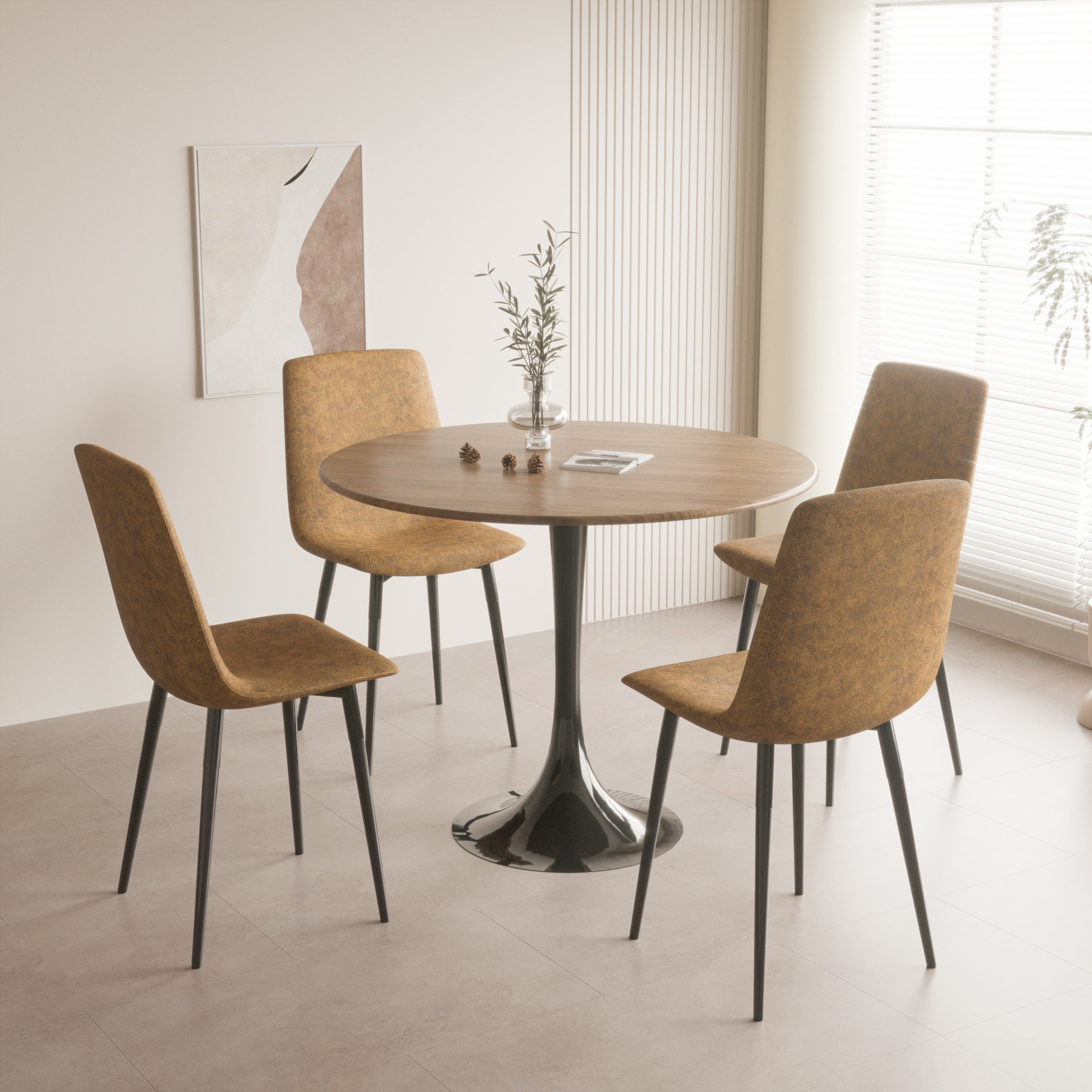 Mid-Century Round Dining Table, Walnut Color, MDF Table Top & Pedestal Base, 31.5 Inches