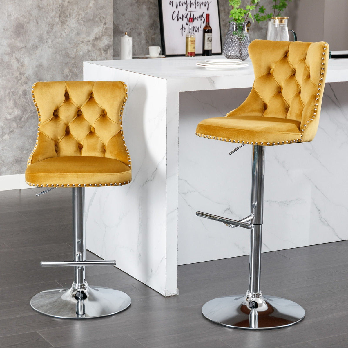Swivel Barstools Adjusatble Seat Height From 25-33", Modern Upholstered Base Bar Stools With Backs Comfortable Tufted For Home Pub And Kitchen Island (Set of 2)