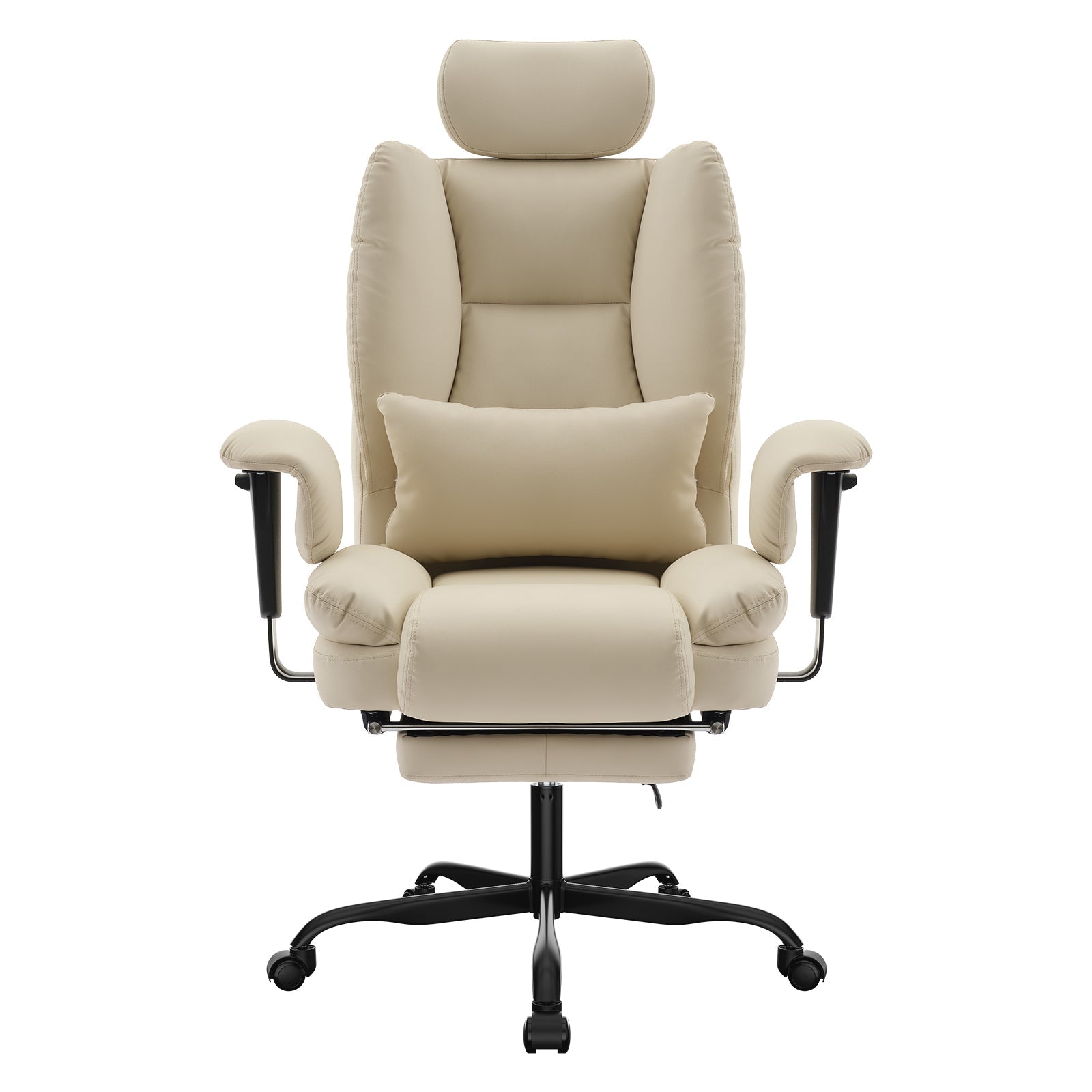 Office Chair Ergonomic 200 kg PU Leather Computer Chair with Lumbar Support and High Backrest, Ergonomic Desk Chair with Liftable Headrest, Beige