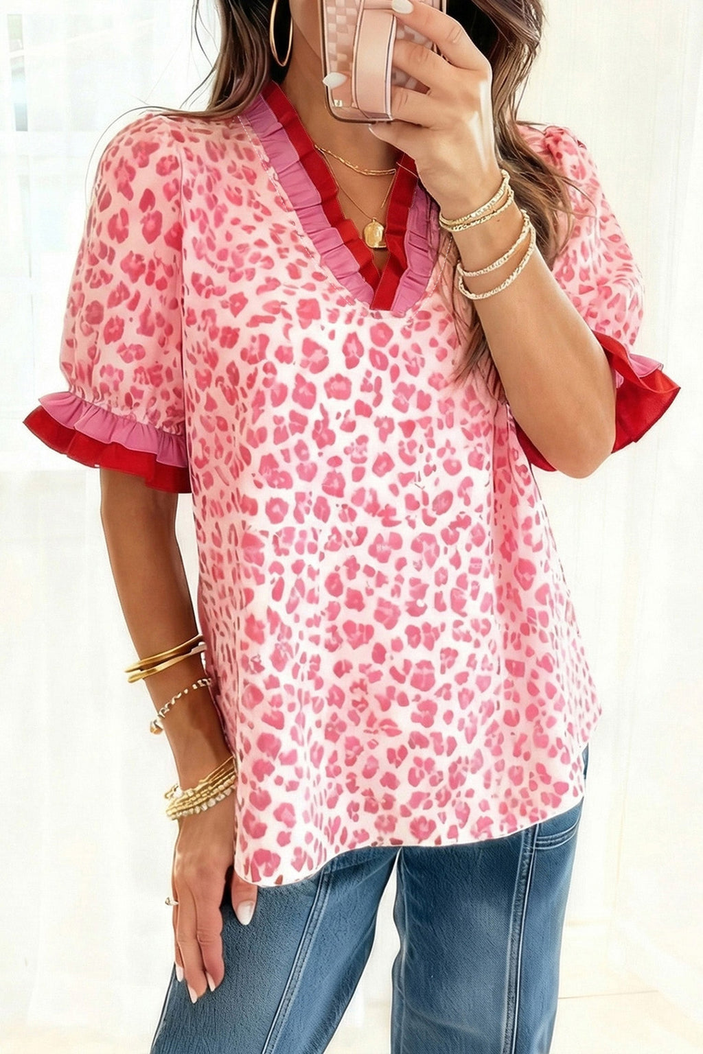 Leopard Ruffle Trim V-Neck Short Sleeve Blouse